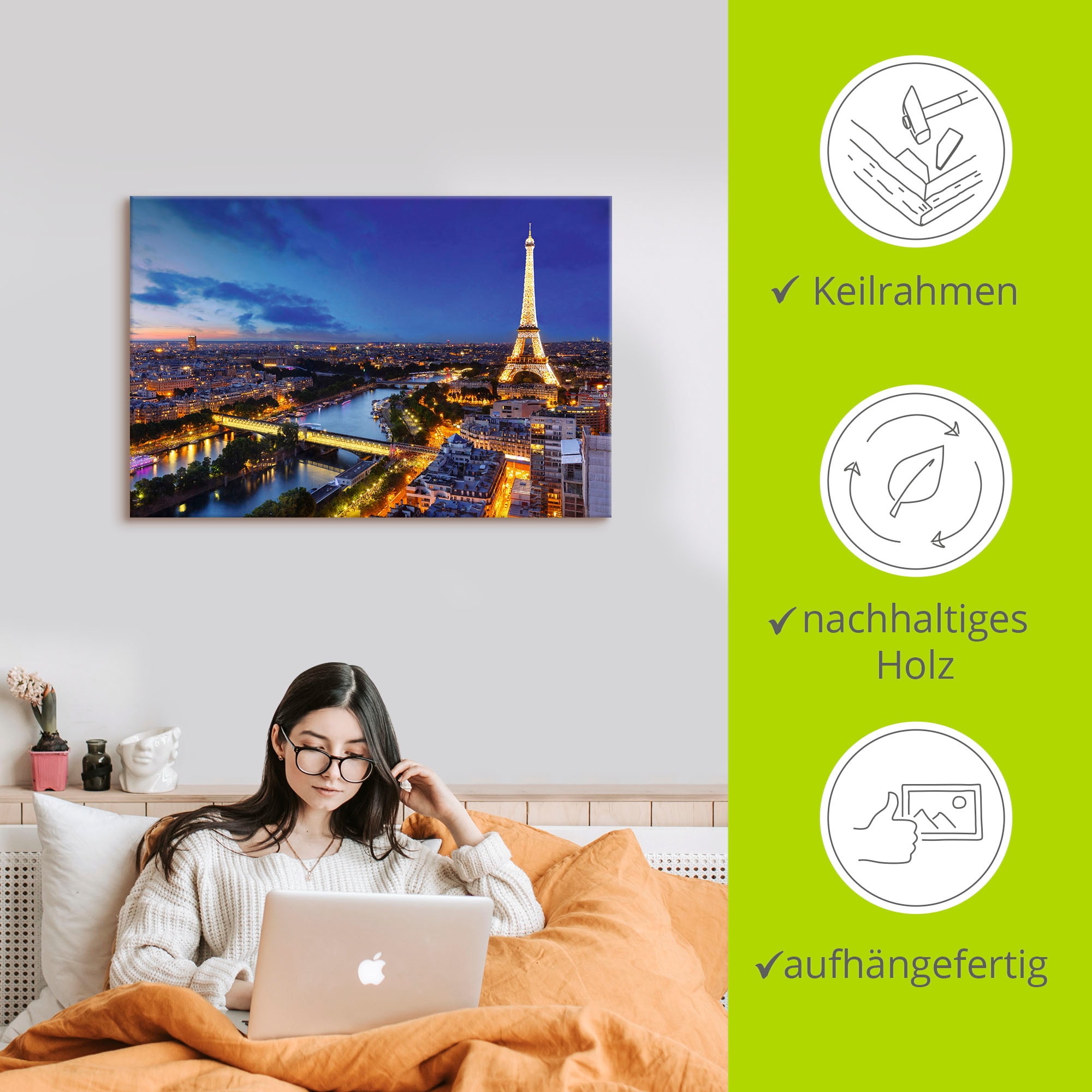Artland Wandbild »Eiffelturm und Seine am Abend, Paris«, Paris, (1 St.), als Alubild, Outdoorbild, Leinwandbild, Poster, Wandaufkleber