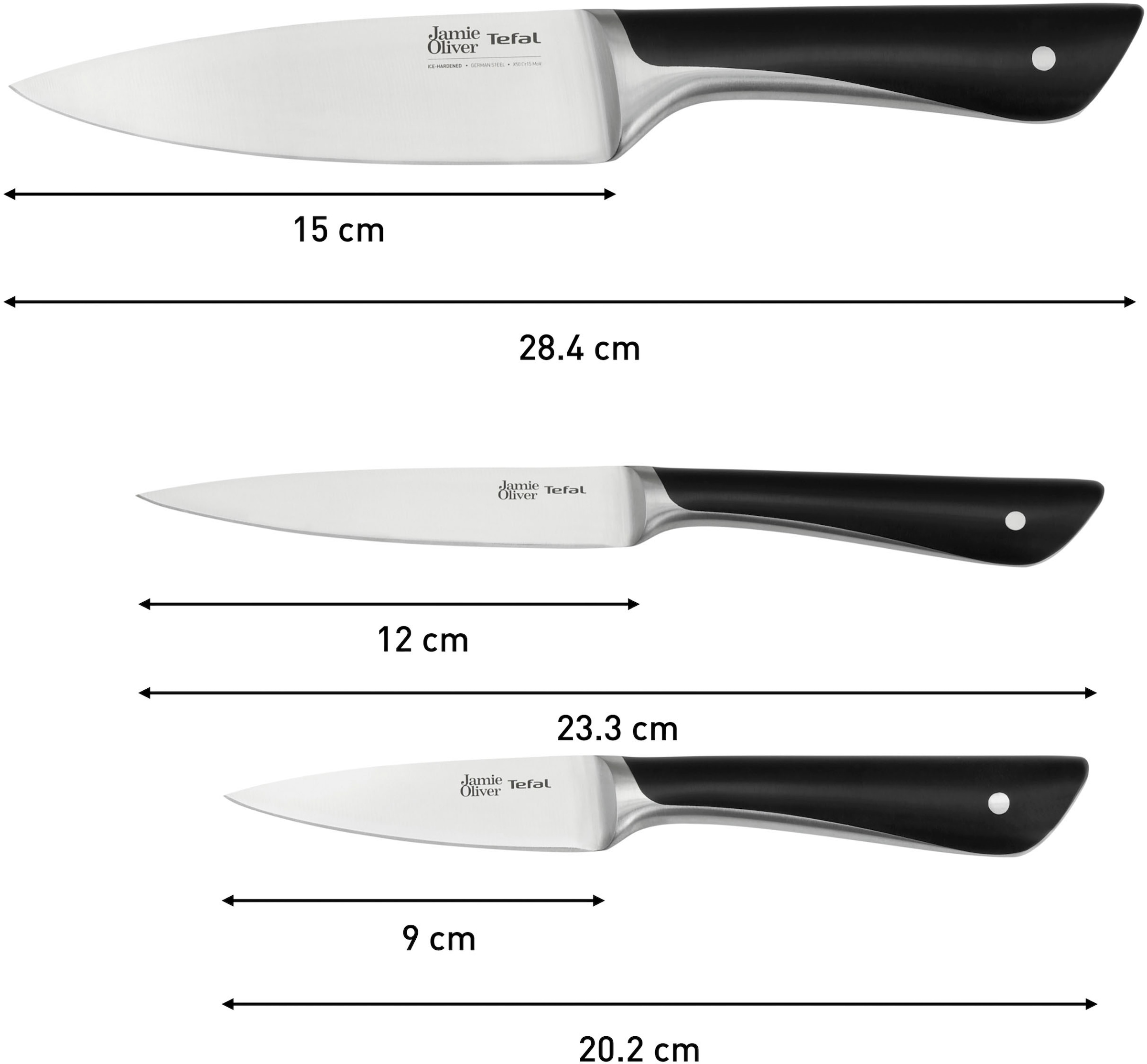 Tefal Messer-Set »K267S3 Jamie Oliver«, (Set, 3 tlg., Kochmesser 15 cm, Universalmesser 12 cm, Schälmesser 9 cm), hohe Leistung, unverwechselbares Design, widerstandsfähig/langlebig