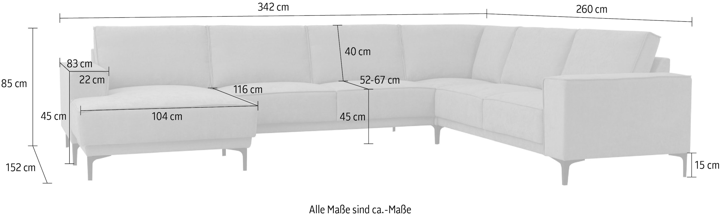 Places of Style Wohnlandschaft »Oland«, U-Form, 342 cm, Wellenunterfederung, Skandi-Design, Metallfüße