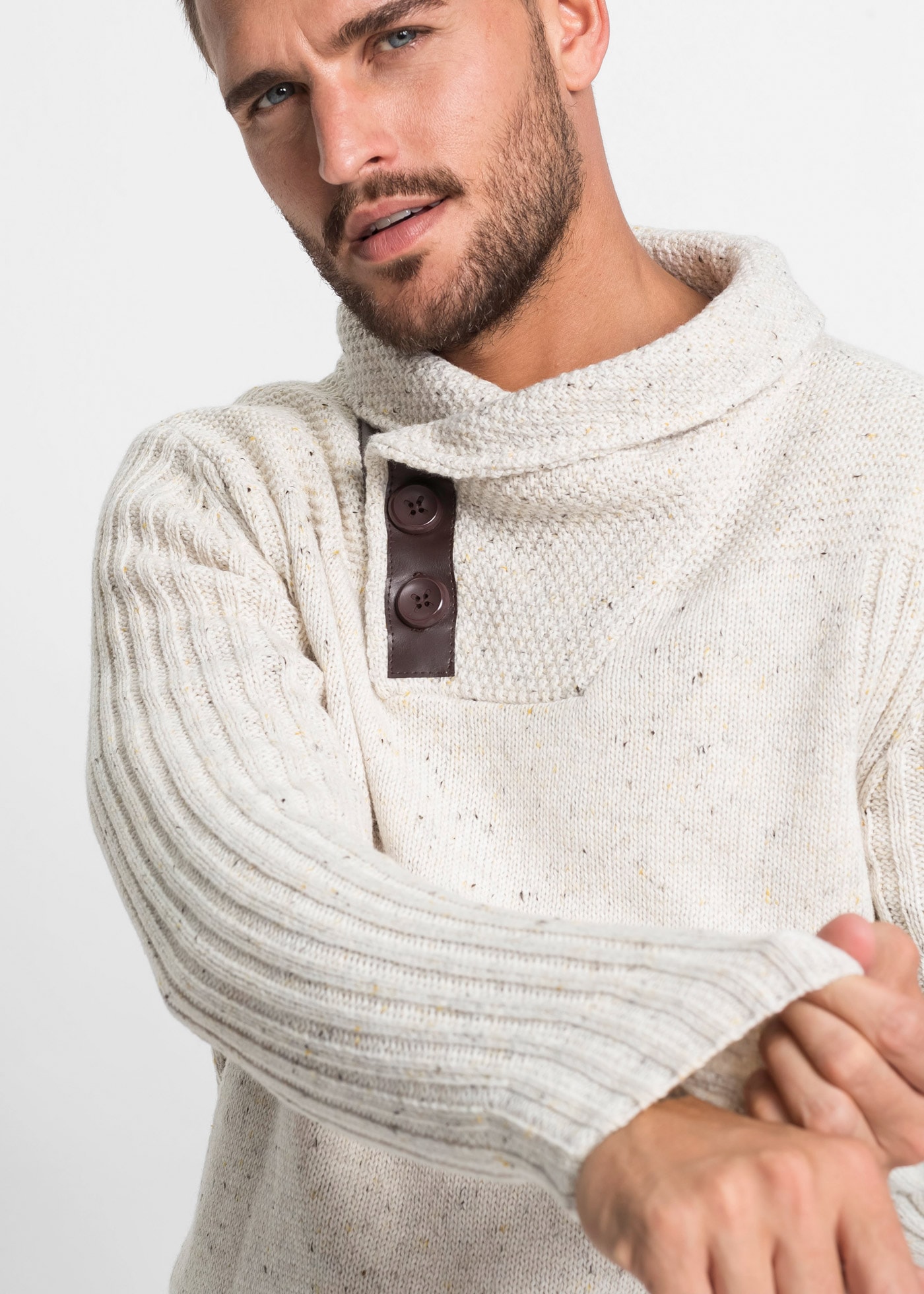 bonprix Strickpullover mit Schalkragen und Knopfverschluss, Langarm