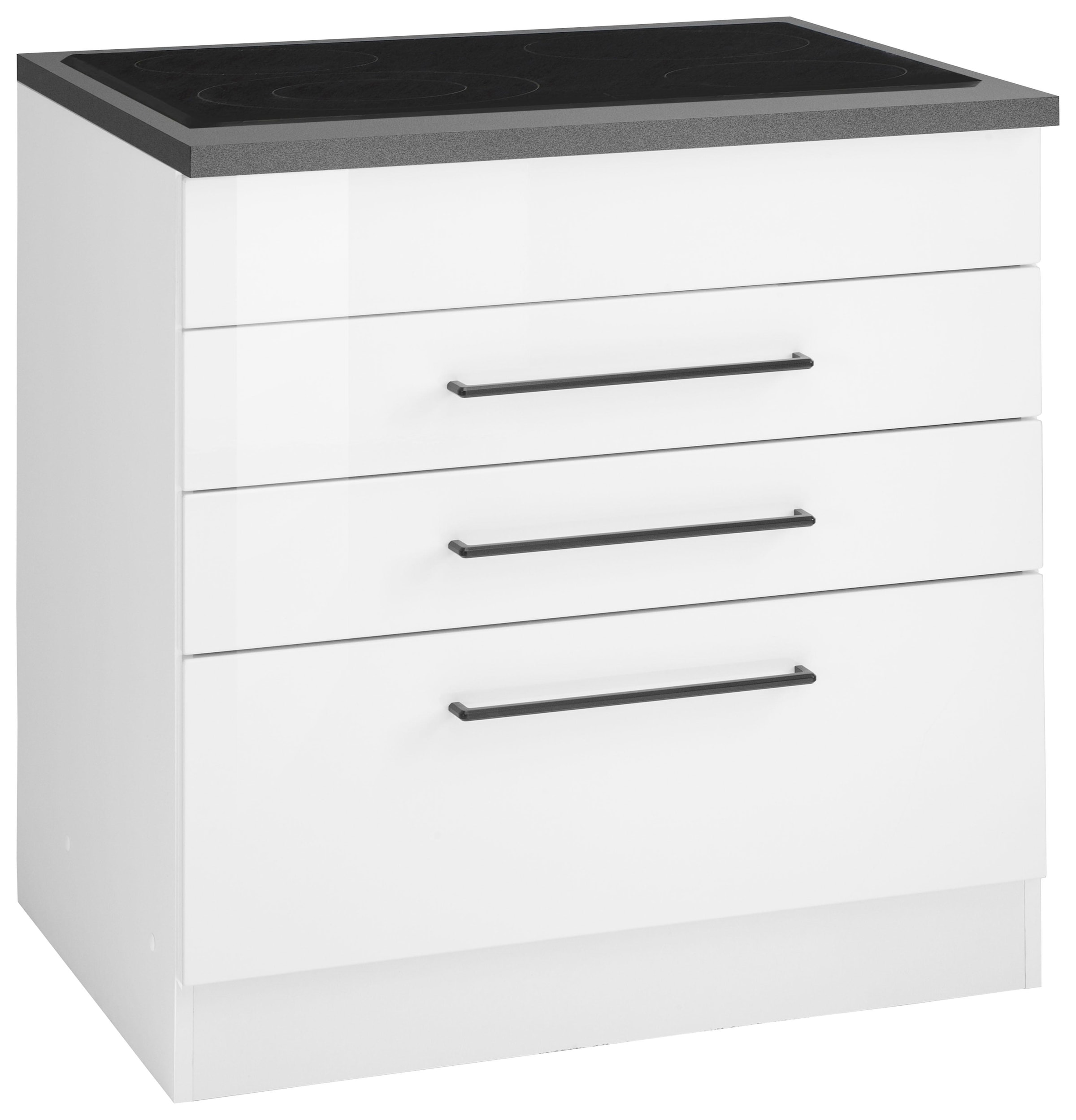 KOCHSTATION Kochfeldumbauschrank »KS-Tulsa« 80 cm breit, 2 Schubladen, 1 großer Auszug, schwarzer Metallgriff