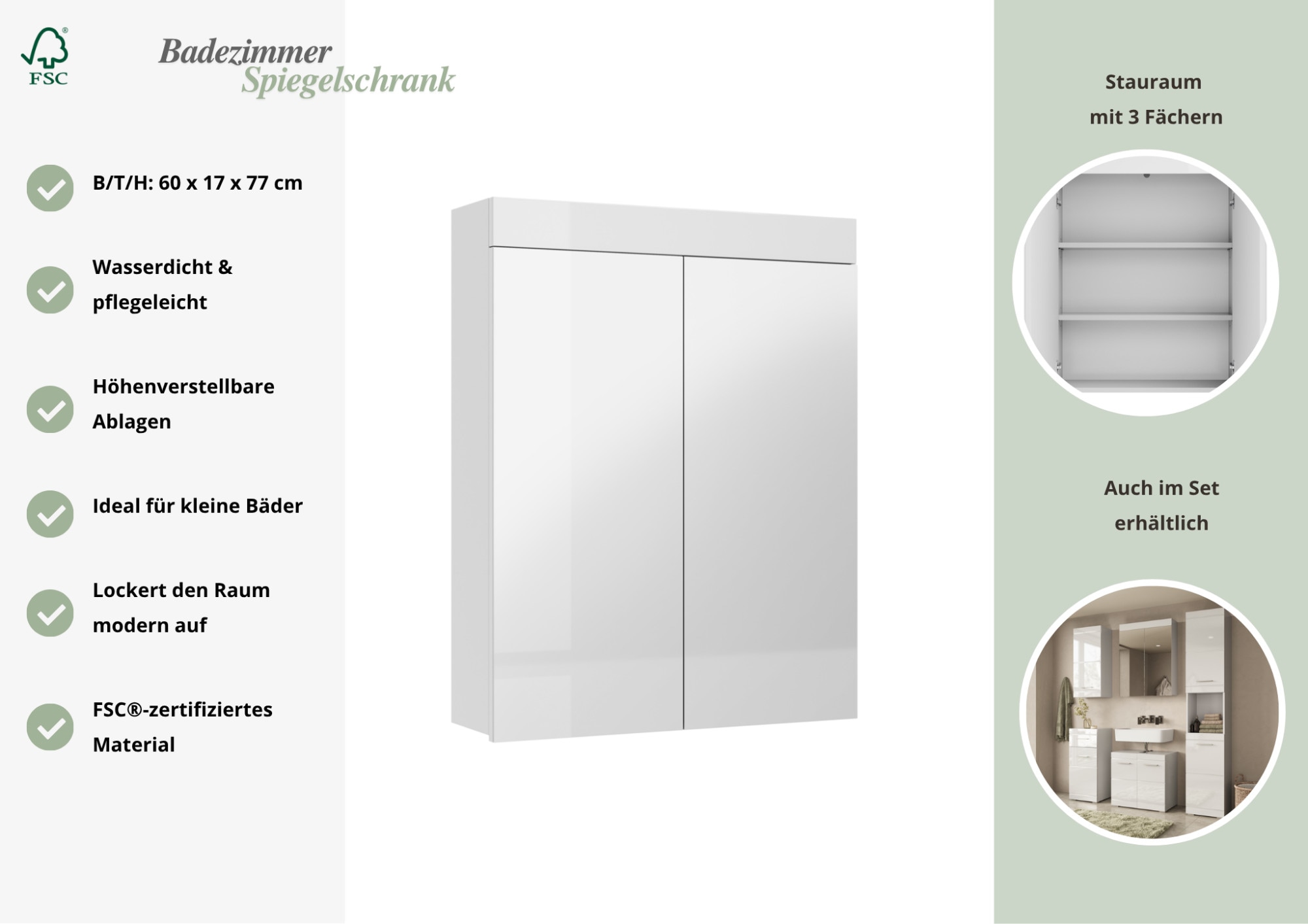 OTTO home Spiegelschrank »Föhr« minimalistisch, zeitlos, Spiegelfronten, 2 Einlegeböden