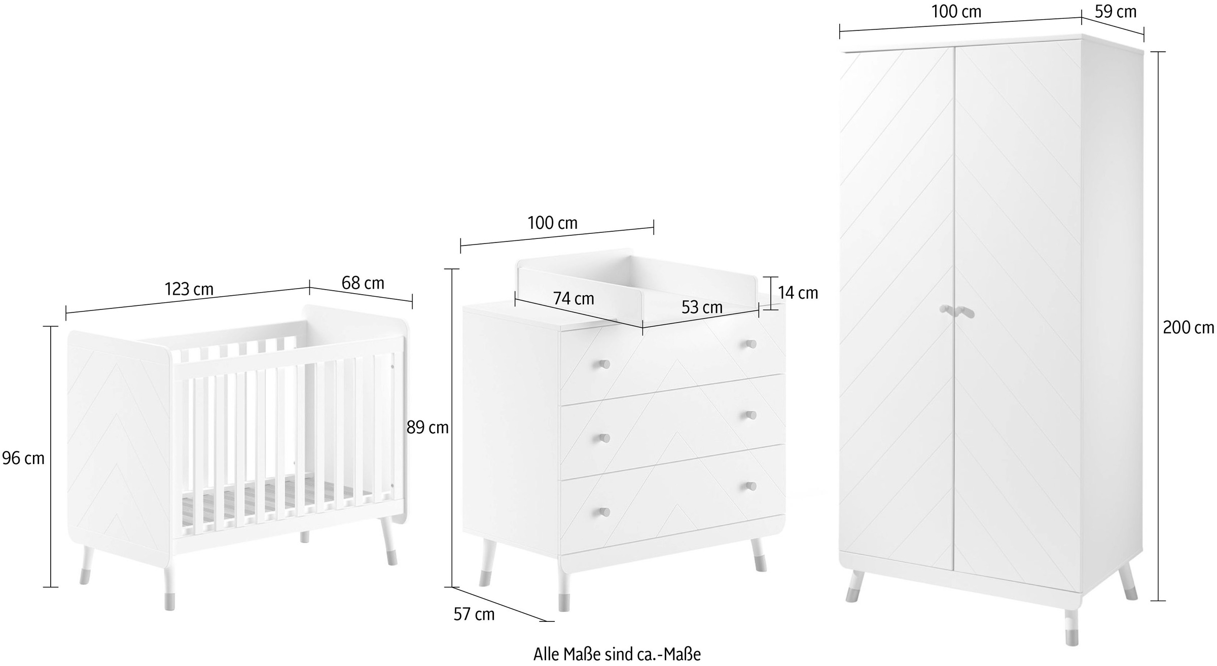 Vipack Babymöbel-Set, (Made in Europe), 4- tlg. bietet alles für Ihr Kinderzimmer, Ausf. satin weiß lackiert