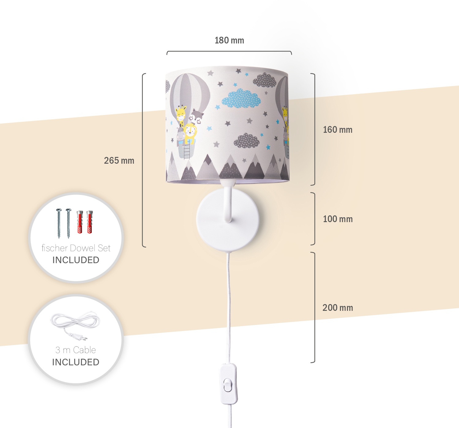Paco Home Wandleuchte »Cosmo 343« E14 Lampe Kinderzimmer  Stecker Ø 18cm Heißluftballon Tiere Kabel 3m E14