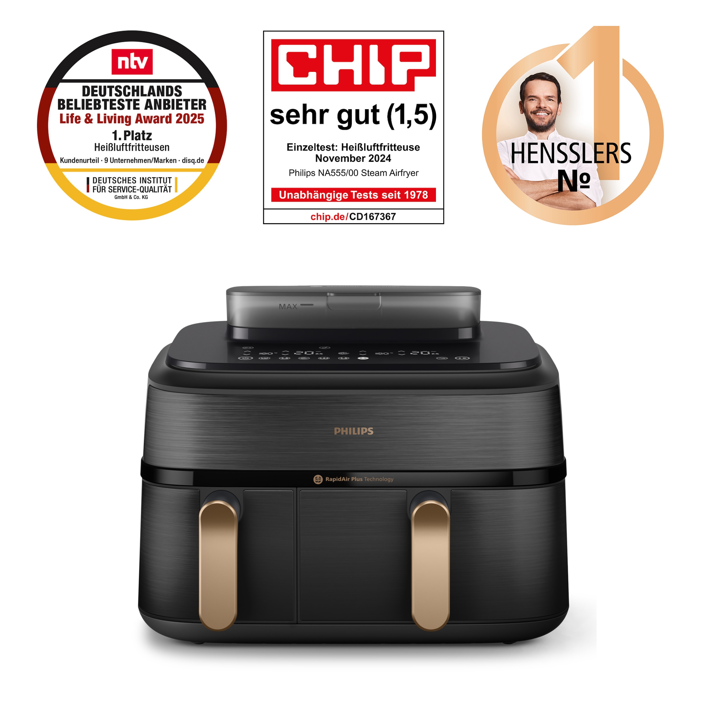 Philips Heißluftfritteuse »Steam Airfryer 5000 Dual Basket NA552/00, Airfryen & Dampfgaren, 3L+6L«, 2750 W, RapidAir Plus Technologie und 19 Kochfunktionen; Edelstahl/Kupfer