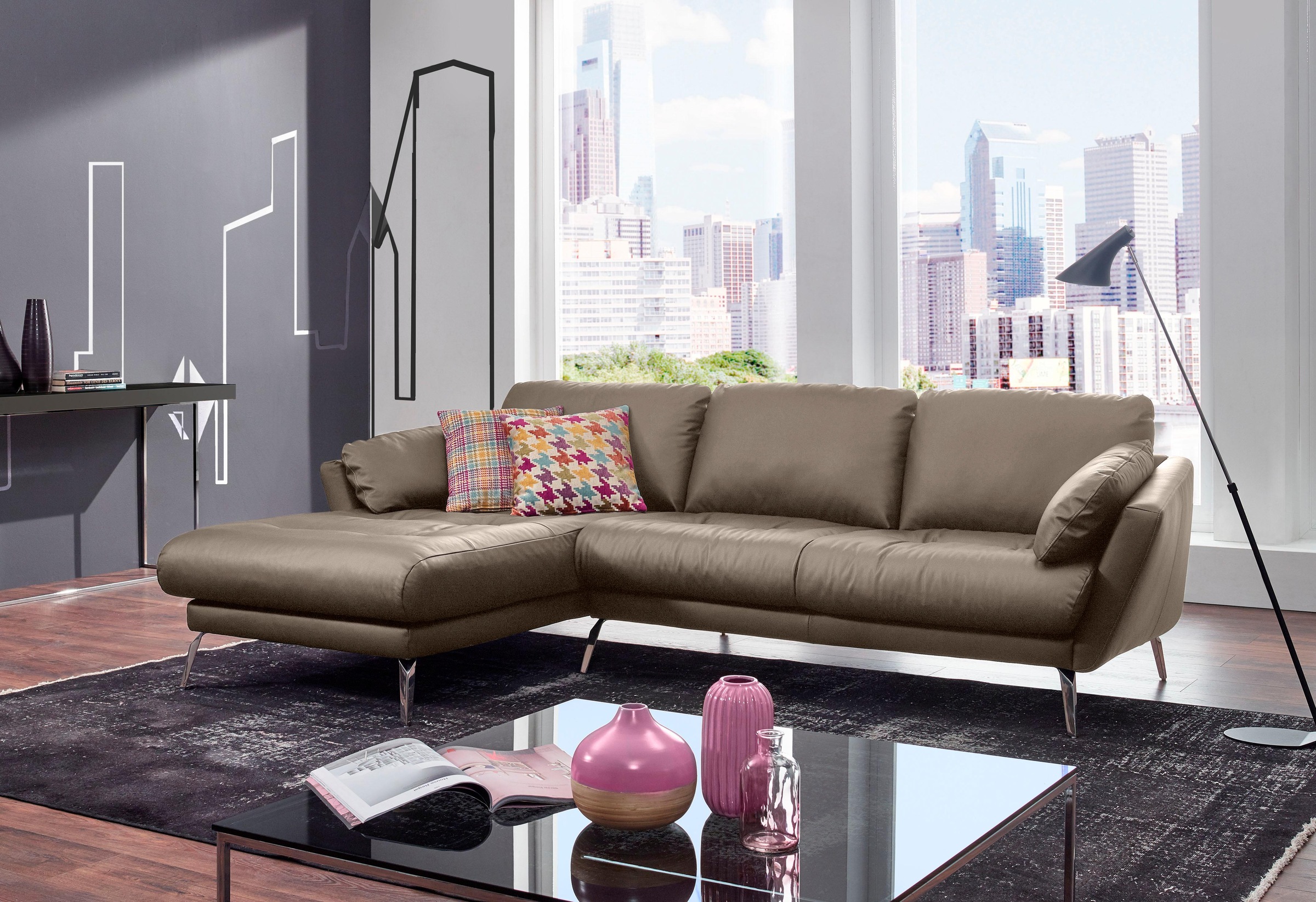 W.SCHILLIG Ecksofa »softy, Designsofa, zeitlos und elegant, hoher Sitzkomfort, L-Form«, mit dekorativer Heftung im Sitz, Füße Chrom glänzend