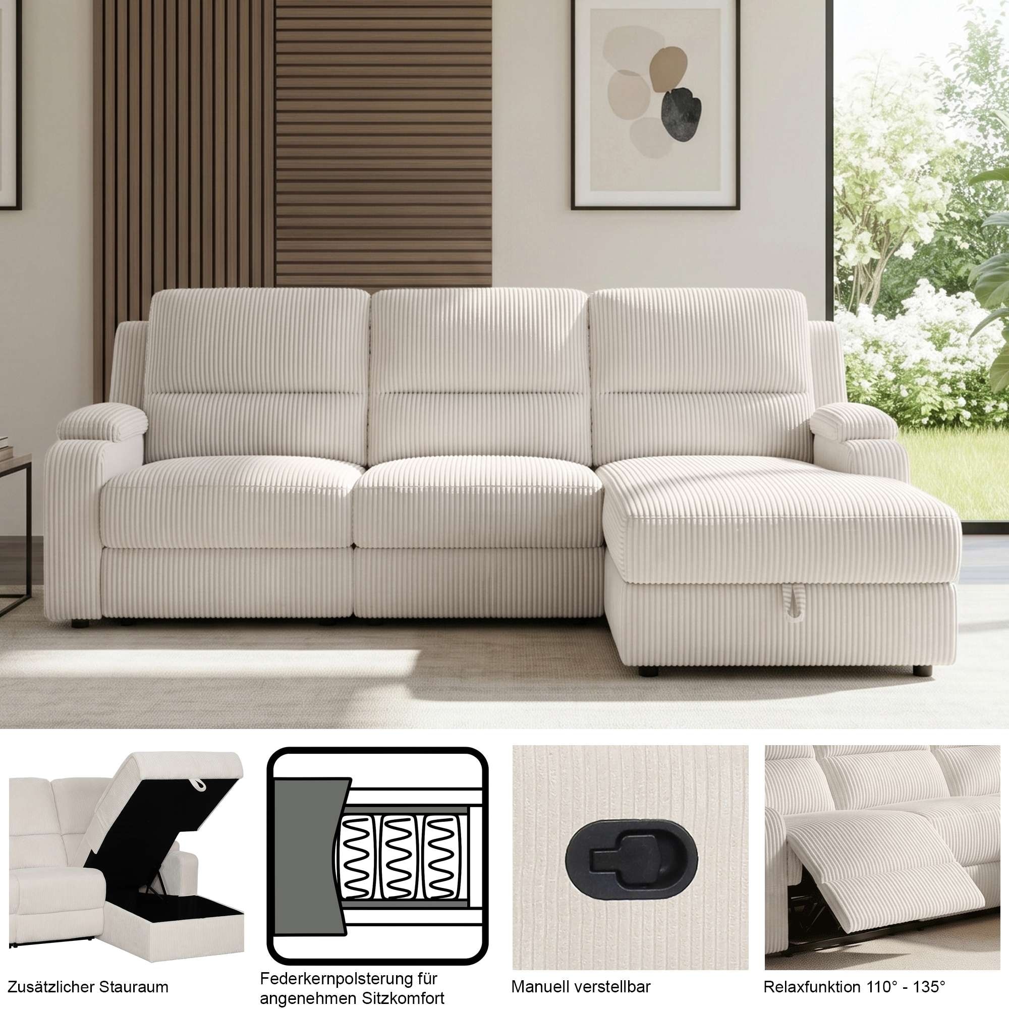 OTTO home Ecksofa »NAPORI Kunstleder, L-Form, 210cm, man./elektr. Relaxfunktion« USB-A bei elektr. Variante, Staukasten, Seitentaschen u. Federkern