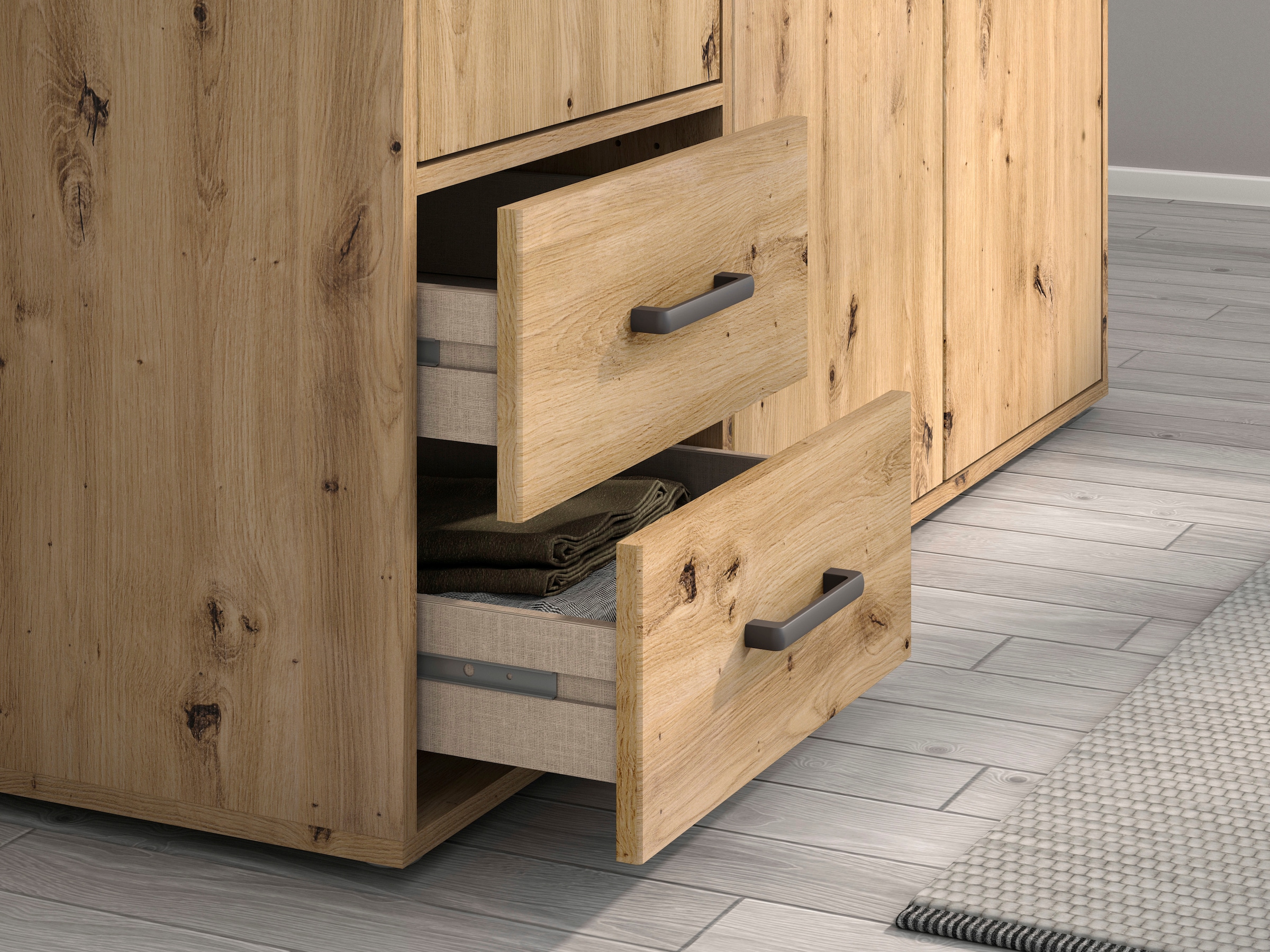 rauch Drehtürenschrank »Kleiderschrank Schrank Garderobe Wäscheschrank VOYAGER«, (in 3 verschiedenen Ausstattungen BASIC/CLASSIC/PREMIUM), moderne Griffe in Graumetallic mit Außenschubkästen MADE IN GERMANY