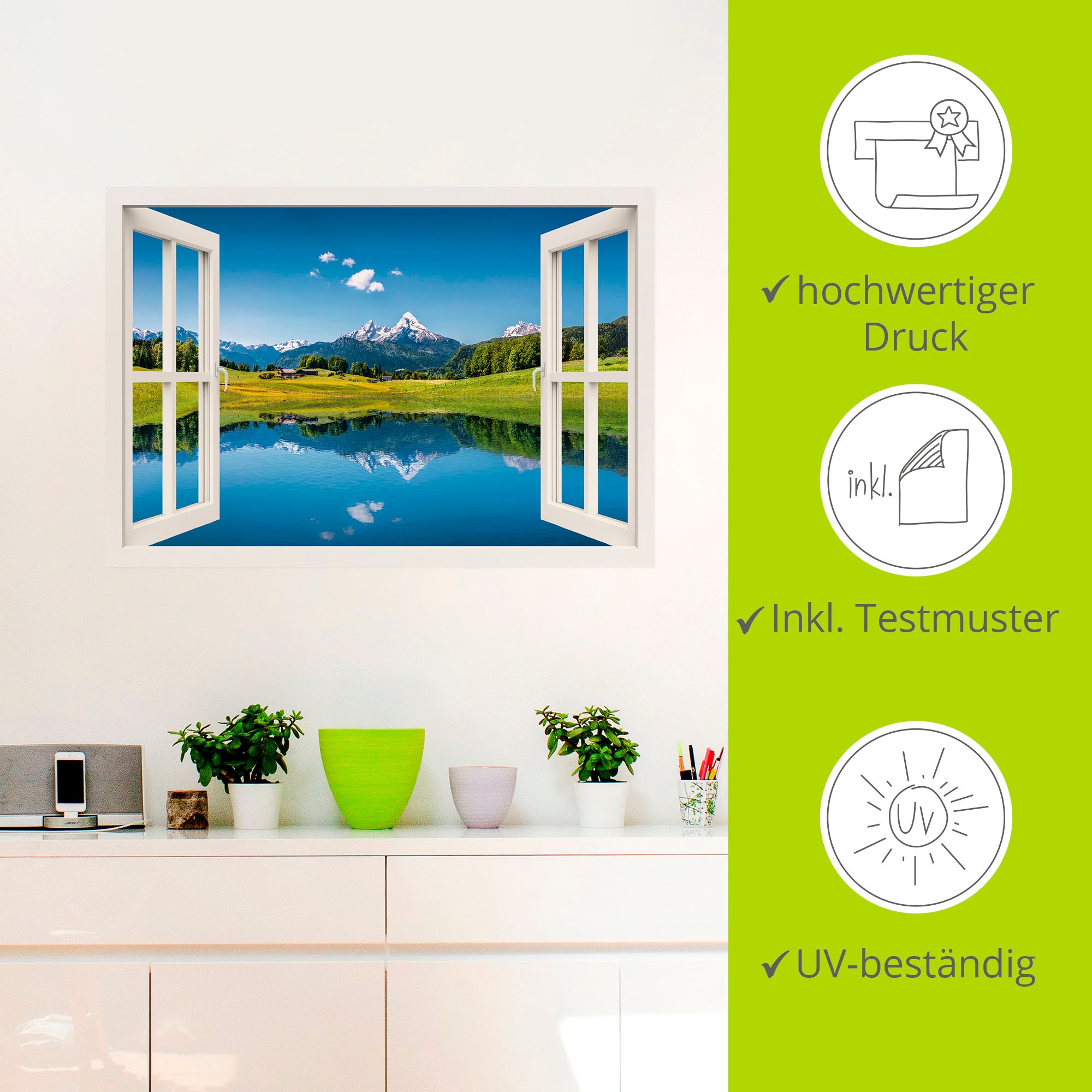 Artland Wandbild »Fensterblick Alpen und Bergsee«, Berge, (1 St.), als Leinwandbild, Poster, Wandaufkleber in verschied. Größen