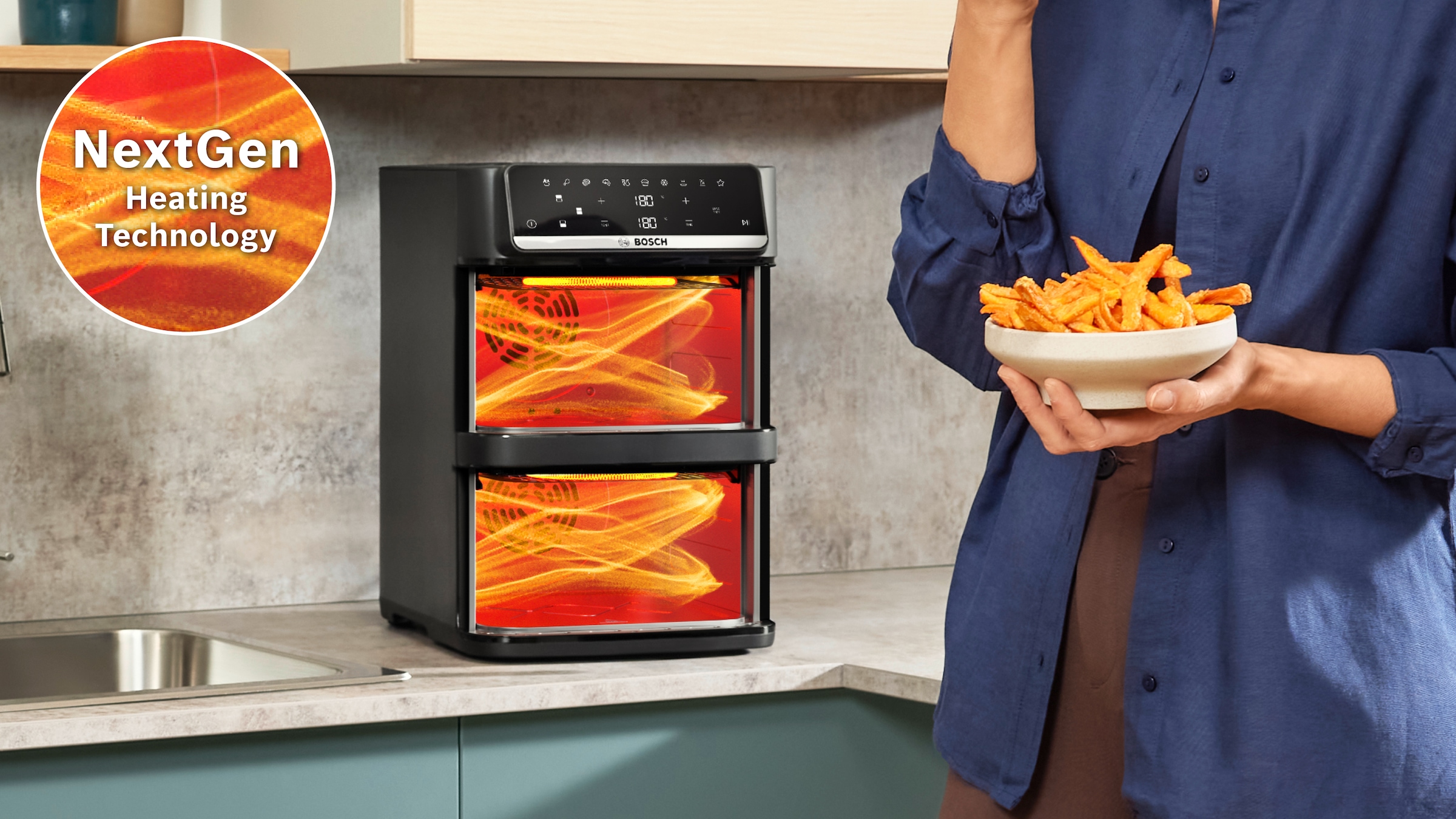 BOSCH Heißluftfritteuse »Serie 6 MAFD661B0, XXL Heißluftfritteuse, 12L, PFAS frei, Doppelkammer« 2800 W platzsparend, einfache Reinigung, weniger Fett, 6 Programme, schwarz