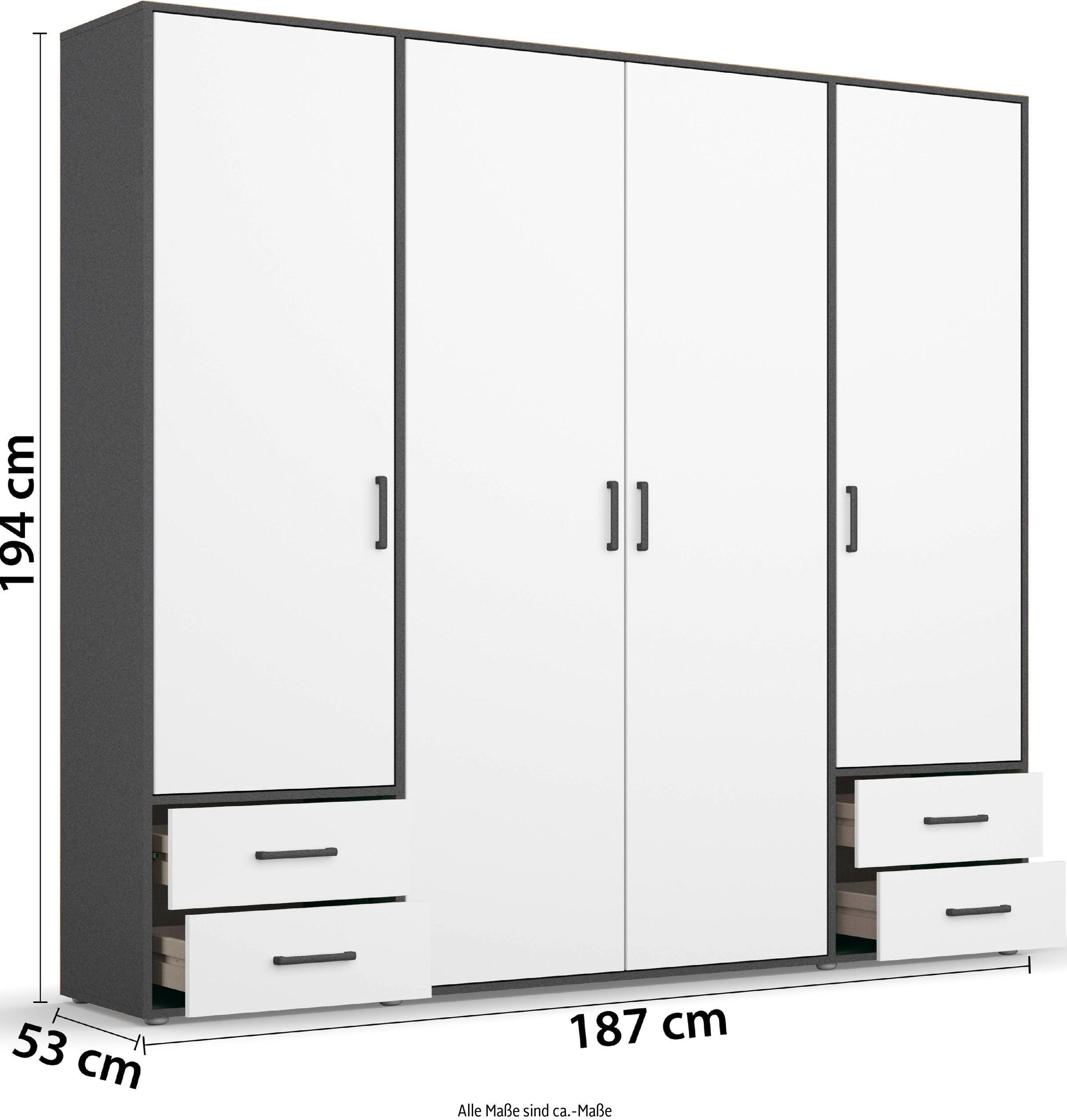 rauch Drehtürenschrank »Kleiderschrank Schrank Garderobe Wäscheschrank VOYAGER«, (in 3 verschiedenen Ausstattungen BASIC/CLASSIC/PREMIUM), moderne Griffe in Graumetallic mit Außenschubkästen MADE IN GERMANY