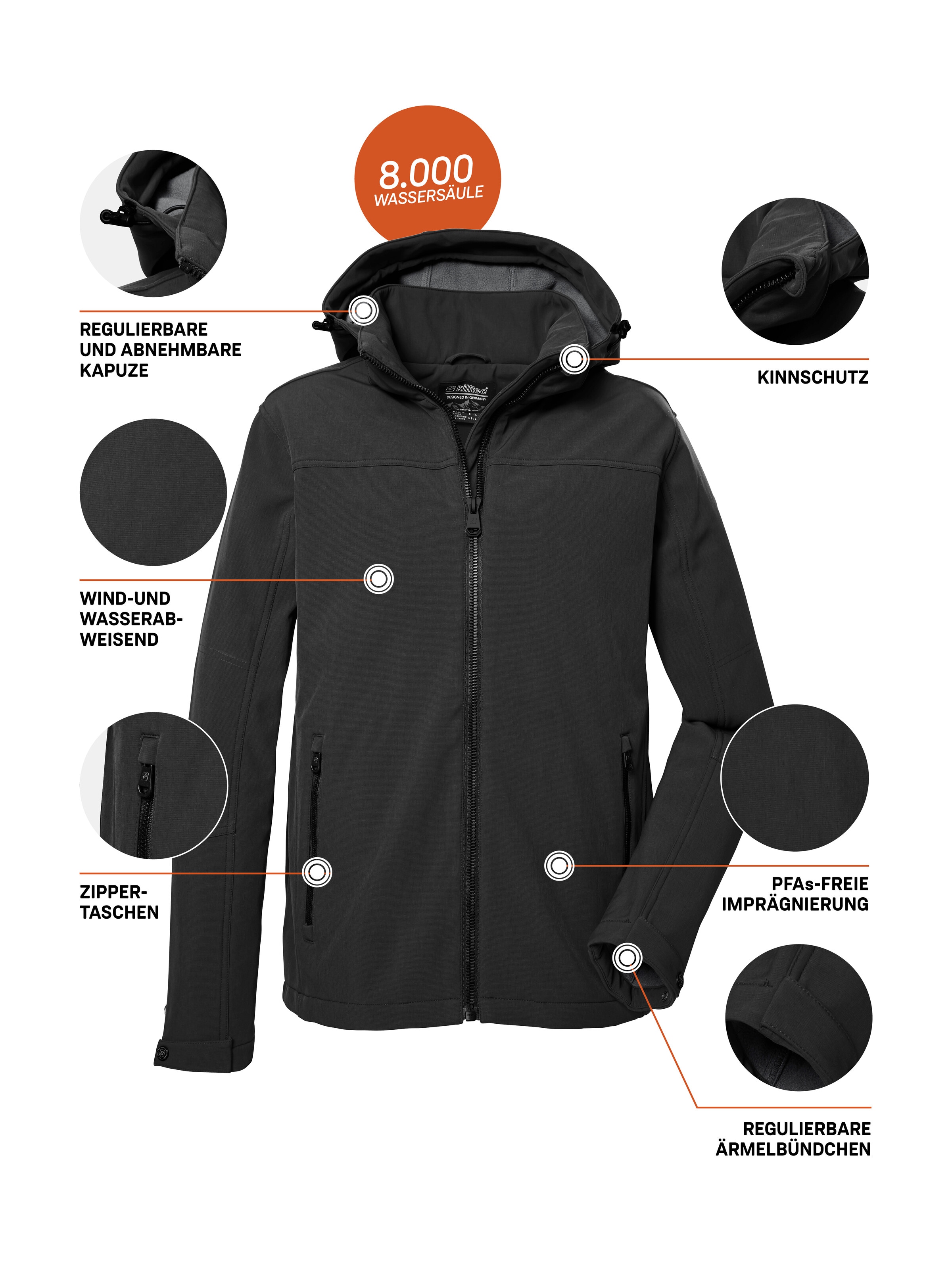 Killtec Softshelljacke »Herren Softshelljacke«, Wasserabweisende Softshelljacke mit Fleece, abnehmbarer Kapuze