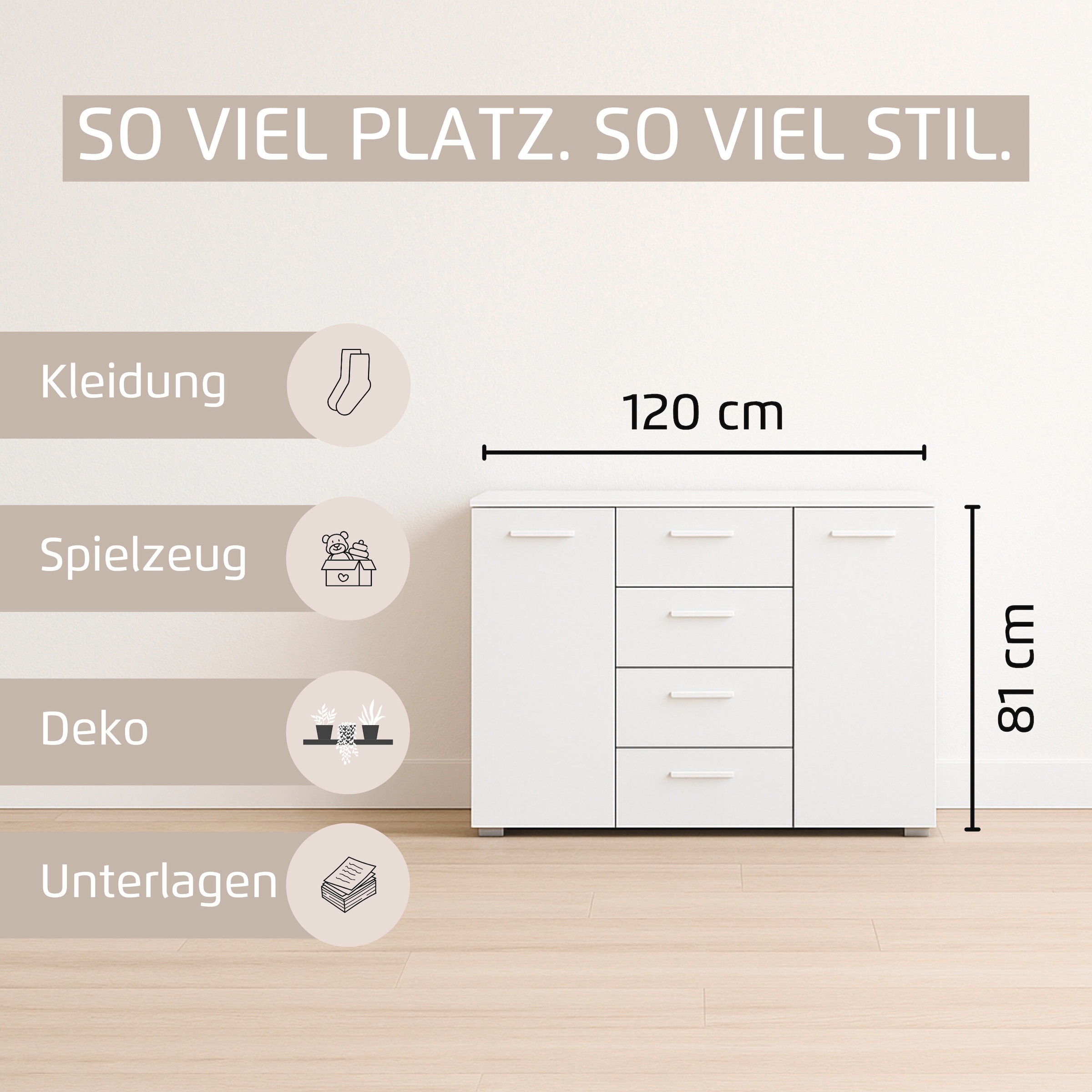 rauch Kombikommode »Sideboard Schubladenkommode OTELI mit Dekor- und Hochglanzfront« Breite 120 cm inkl. Soft-Close-Funktion,  vier große Schubladen und 2 Türen, mit 4 Einlegeböden MADE IN GERMANY