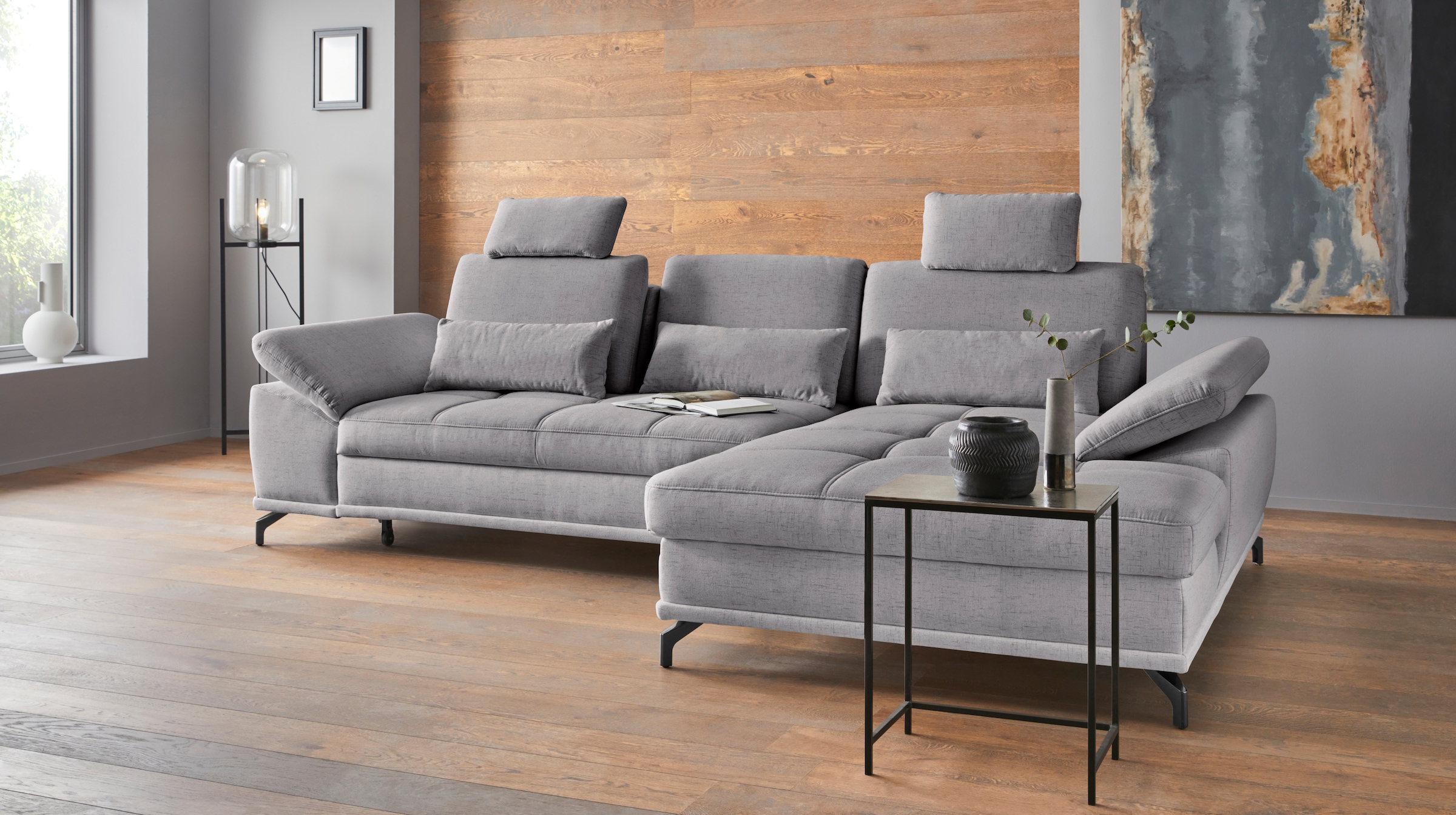 PLACES OF STYLE Ecksofa »Costello L-Form, B: 301 cm mit Sitztiefen-, Armteilverstellung &« 3 Nierenkissen, optional Bettfunktion & Bettkasten