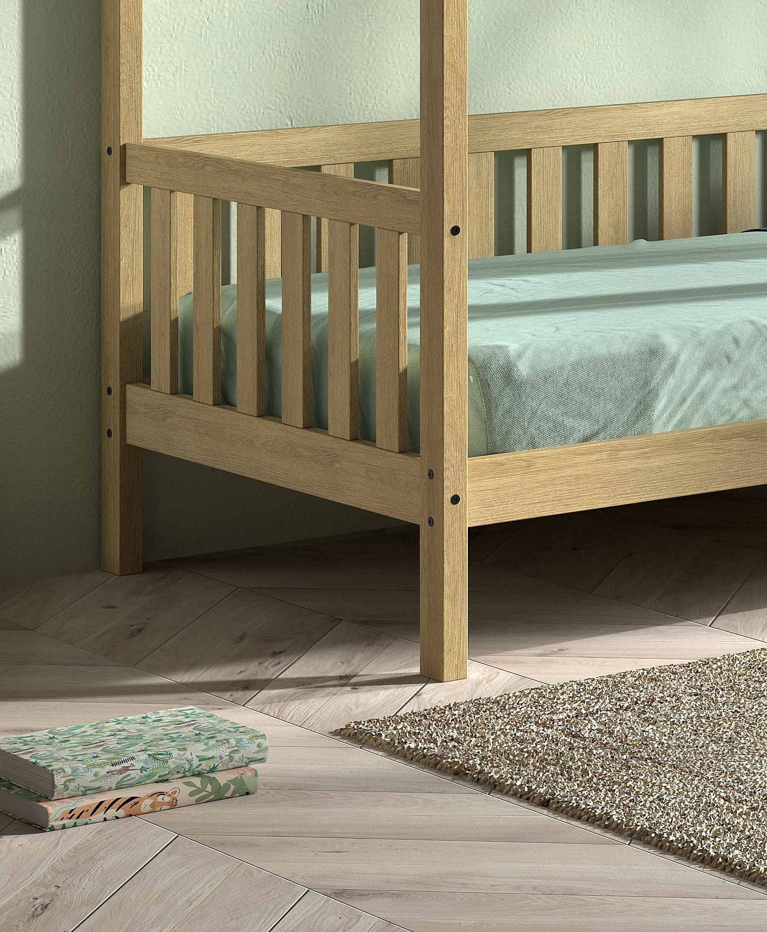 Vipack Hausbett »Cabane, mit Dachaufbau und Sprossenumrandung in Landhaus-Optik«, (B/H/T ca. 208x169x98 cm) aus massiver Eiche, Oberfläche Natur), sehr stabil und standfest gebaut inkl. Massivholz Rolllattenrost