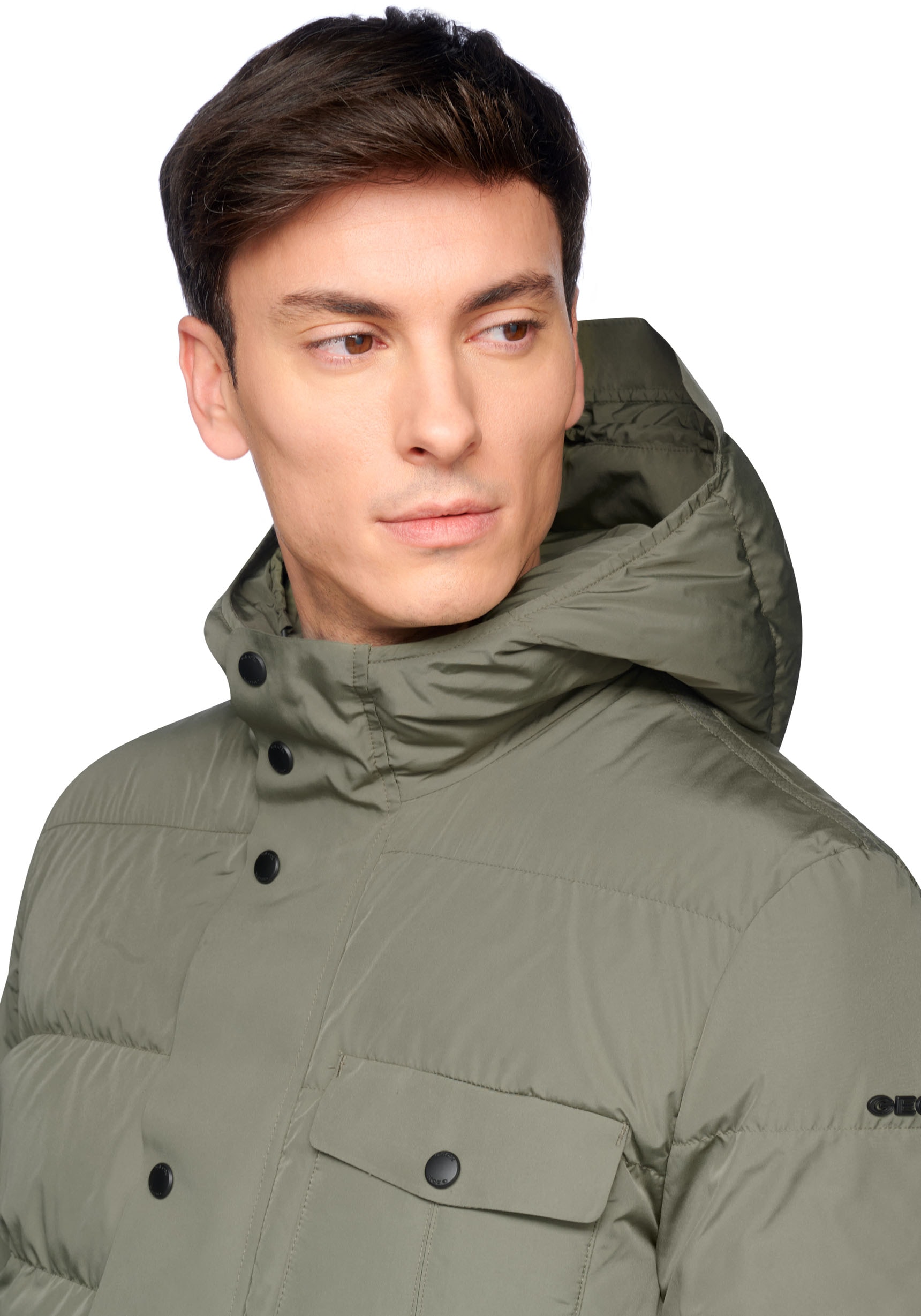 Geox Steppjacke »PIEVE«, mit Kapuze, mit verdecktem Reißverschluss & Druckern, Kapuze mit Schirm, 4 Taschen