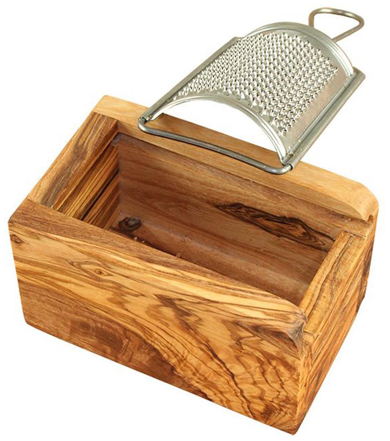 Olivenholz-erleben Käsereibe »für Hartkäse und Muskat, aus Edelstahl mit Olivenholzbox«, (Set, 2 St., Metallreibe Edelstahl mit Auffangbox aus Olivenholz), Metallreibe aus Edelstahl, Auffangbox aus Olivenholz, auch für Muskat