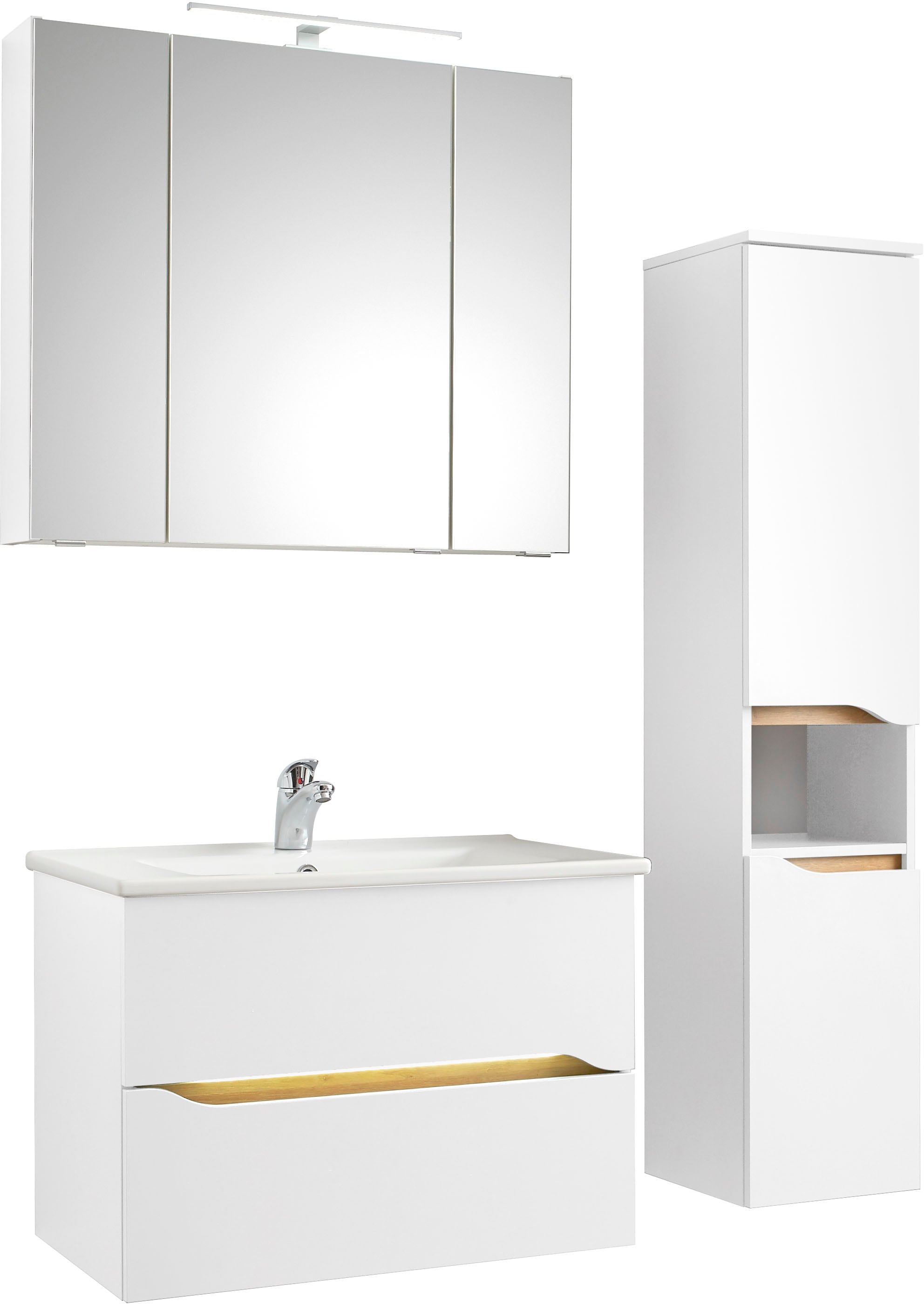 Saphir Badmöbel-Set »Quickset 3-teilig, Keramik-Waschtisch und LED-Spiegelschrank«, (5 St.), mit Midischrank, 2 Türen, 1 Nische, 2 Schubladen, inkl. Türdämpfer