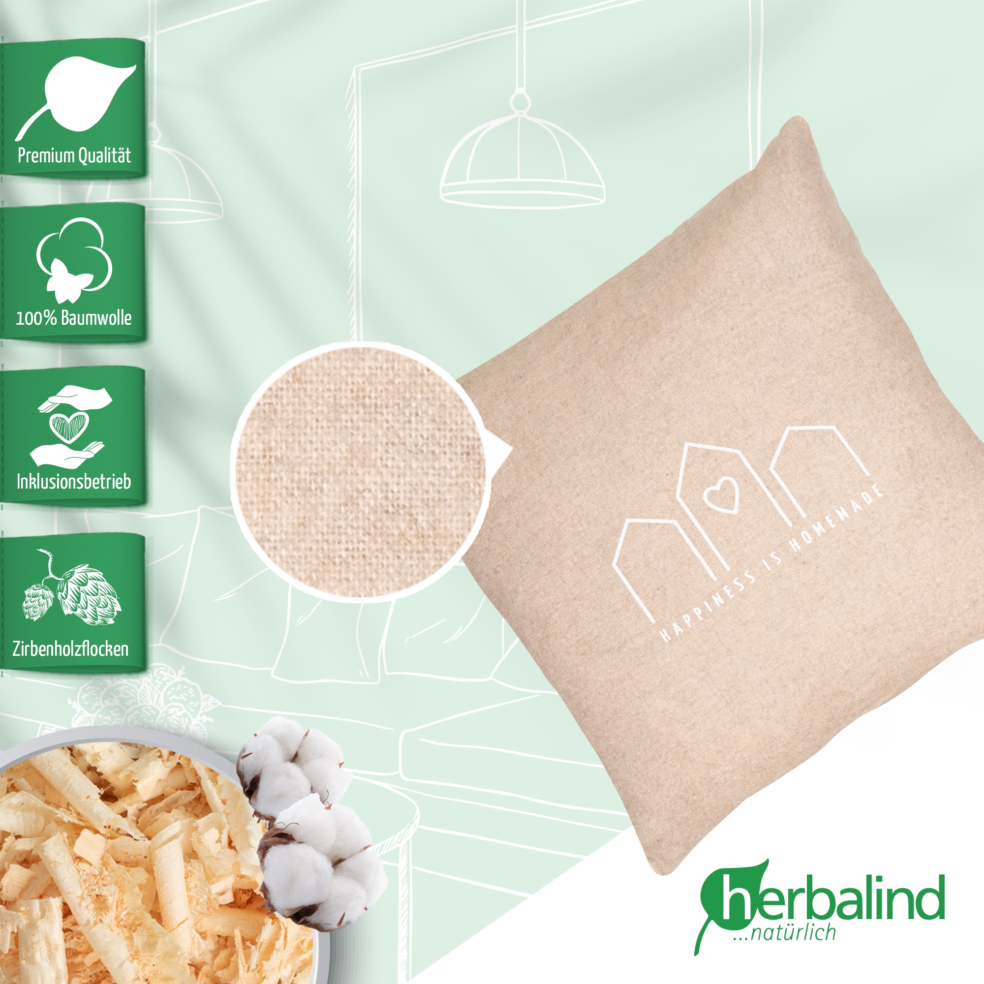 herbalind Zirbenkissen »Happiness is Homemade - Flanell in beige 30x30 mit Reißverschluss«, 100% Baumwolle mit Zirbe Füllung - Handmade in Germany
