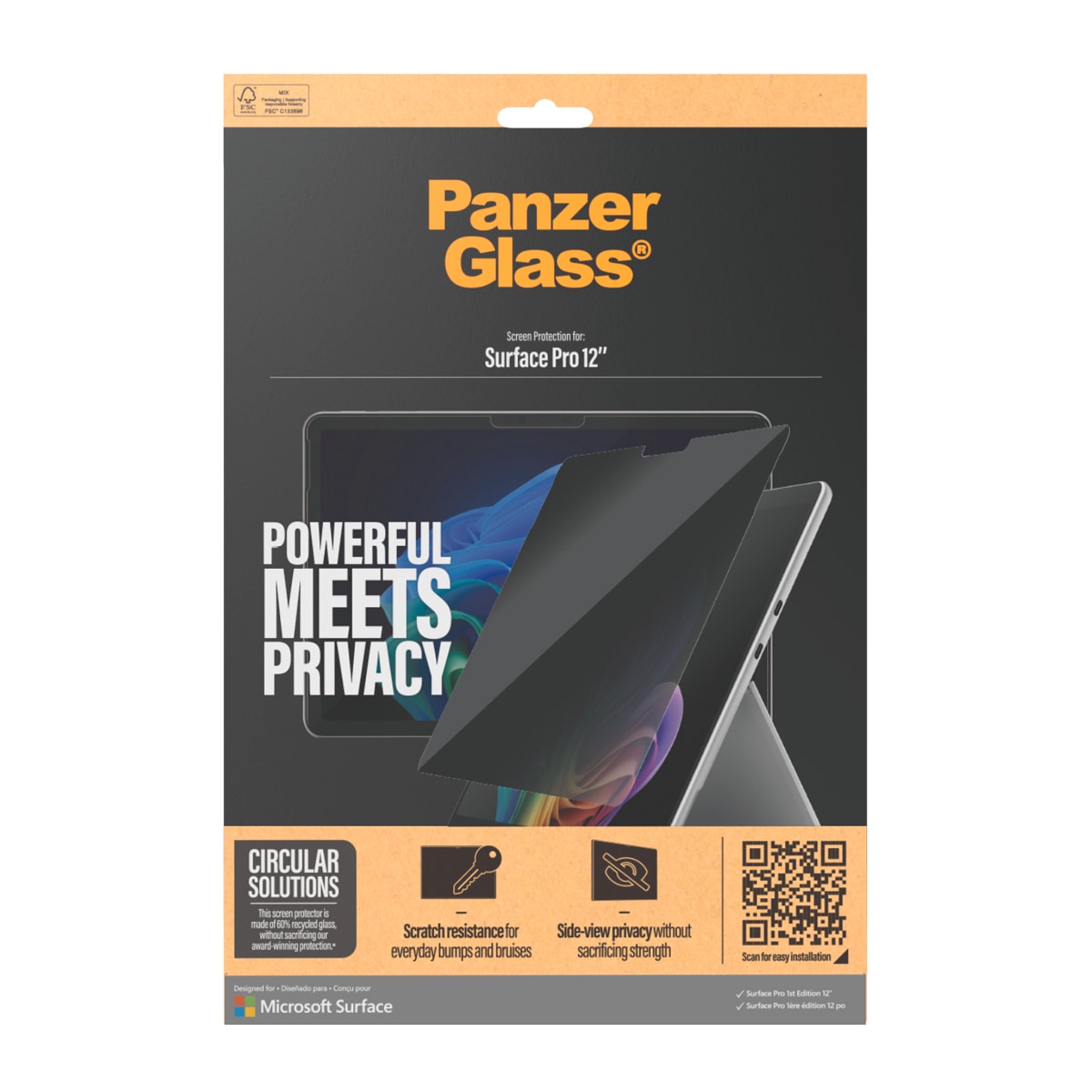 CARE by PanzerGlass Displayschutzglas »Privacy Screen Protector« für Microsoft Surface Pro 12” Displayschutzfolie, Schutzfolie, Bildschirmschutz, kratz- & stoßfest