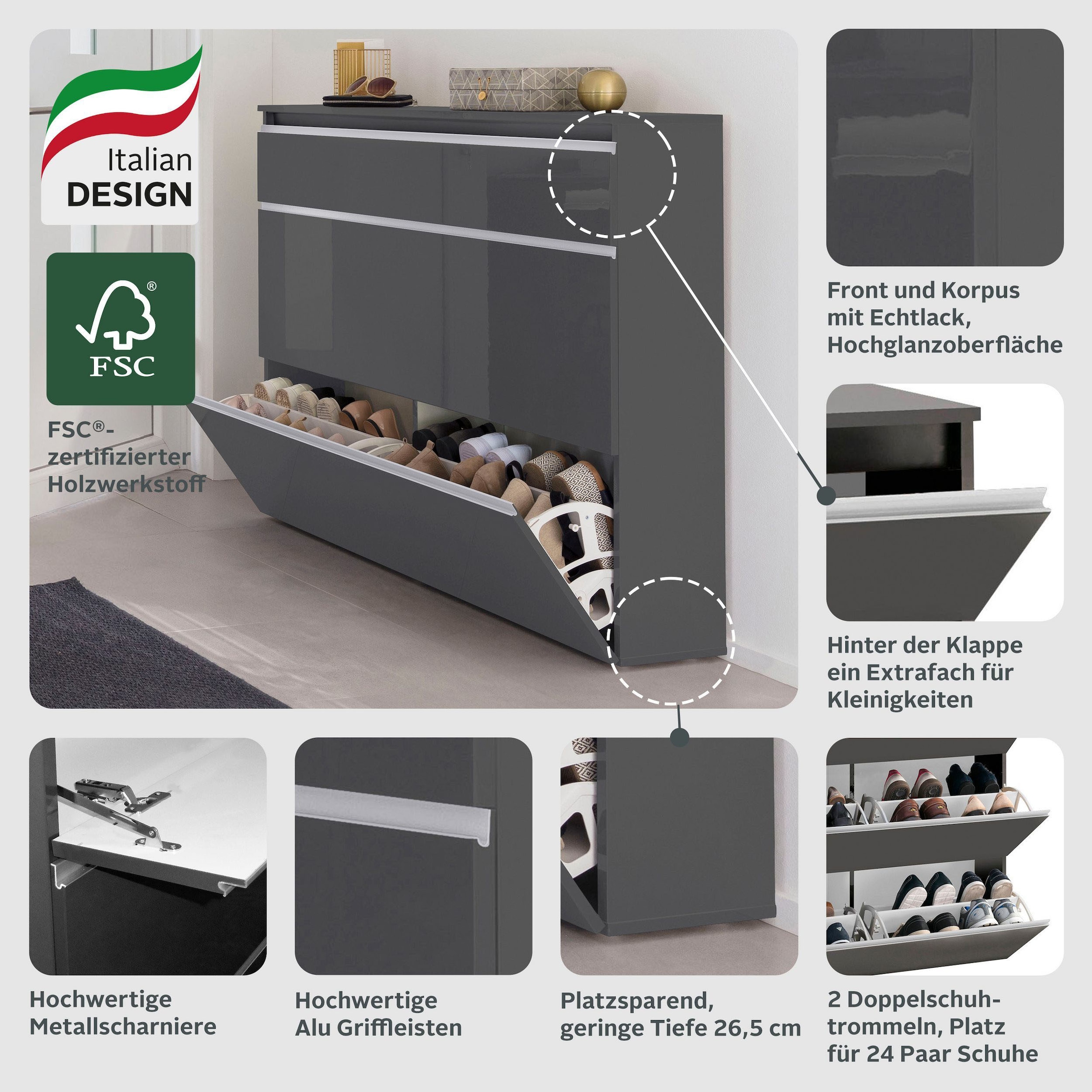 INOSIGN Schuhschrank »Magic Schuhschrank, Schuhkommode, Schuhregal, softgriff« 3 Klappen,Doppelschuhtrommeln,hochglanz lackiert oder matt,Breite 120