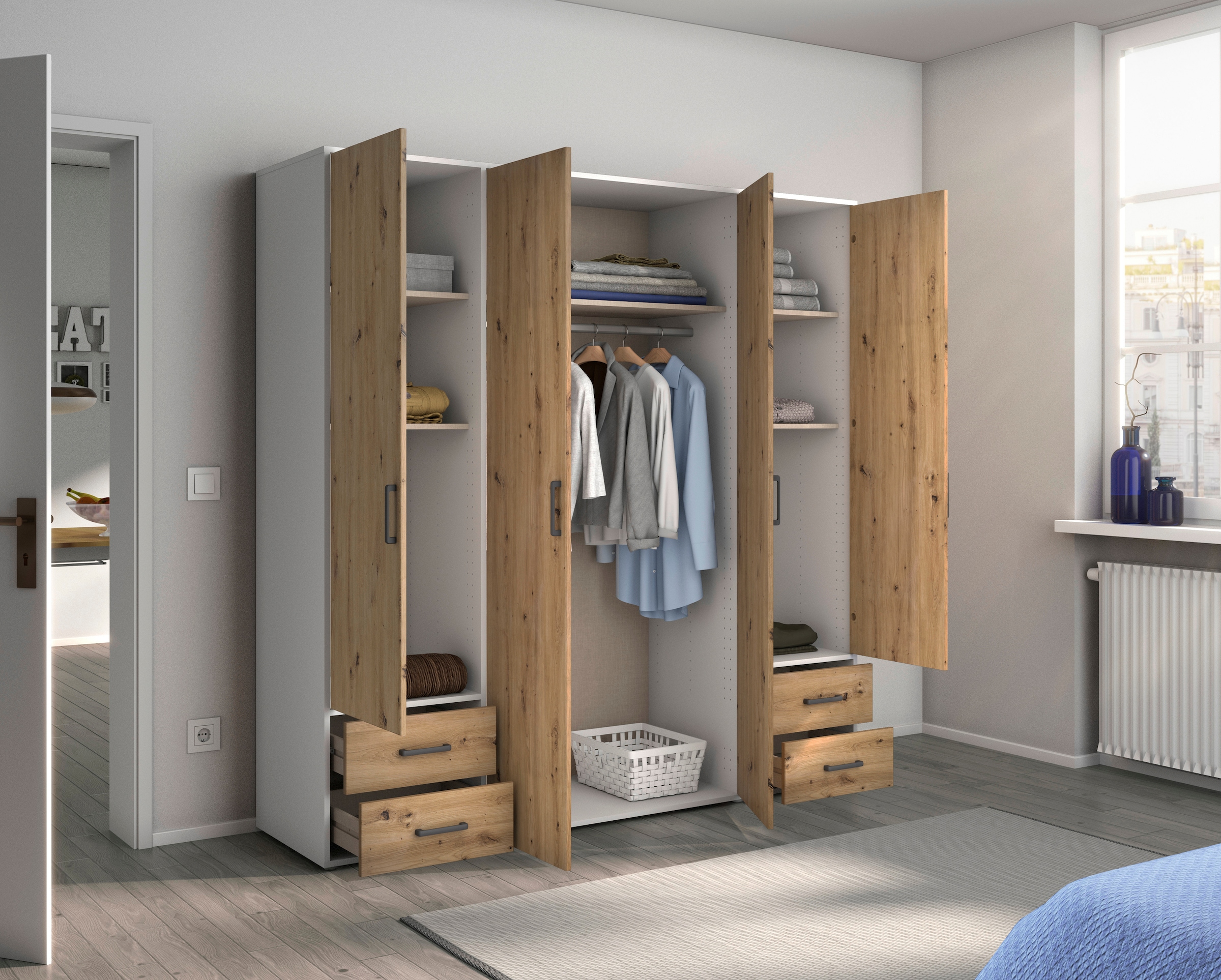 rauch Drehtürenschrank »Kleiderschrank Schrank Garderobe Wäscheschrank VOYAGER«, moderne Griffe in Graumetallic mit Außenschubkästen MADE IN GERMANY