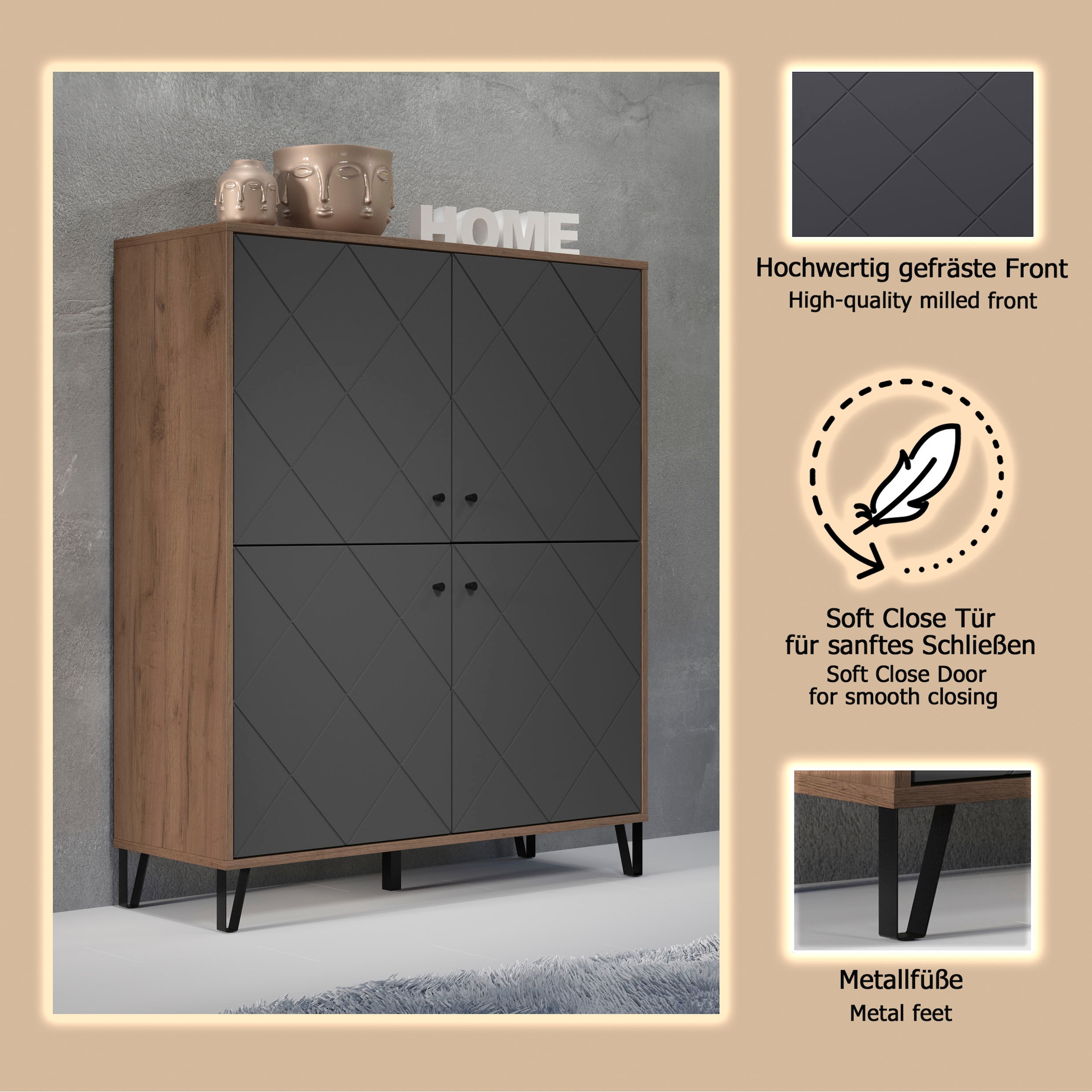 Home affaire Highboard »Molveno« 1 Stk. tlg. Highboard mit 4 Türen & Soft-Close - (B/T/H) 123/40/136 cm