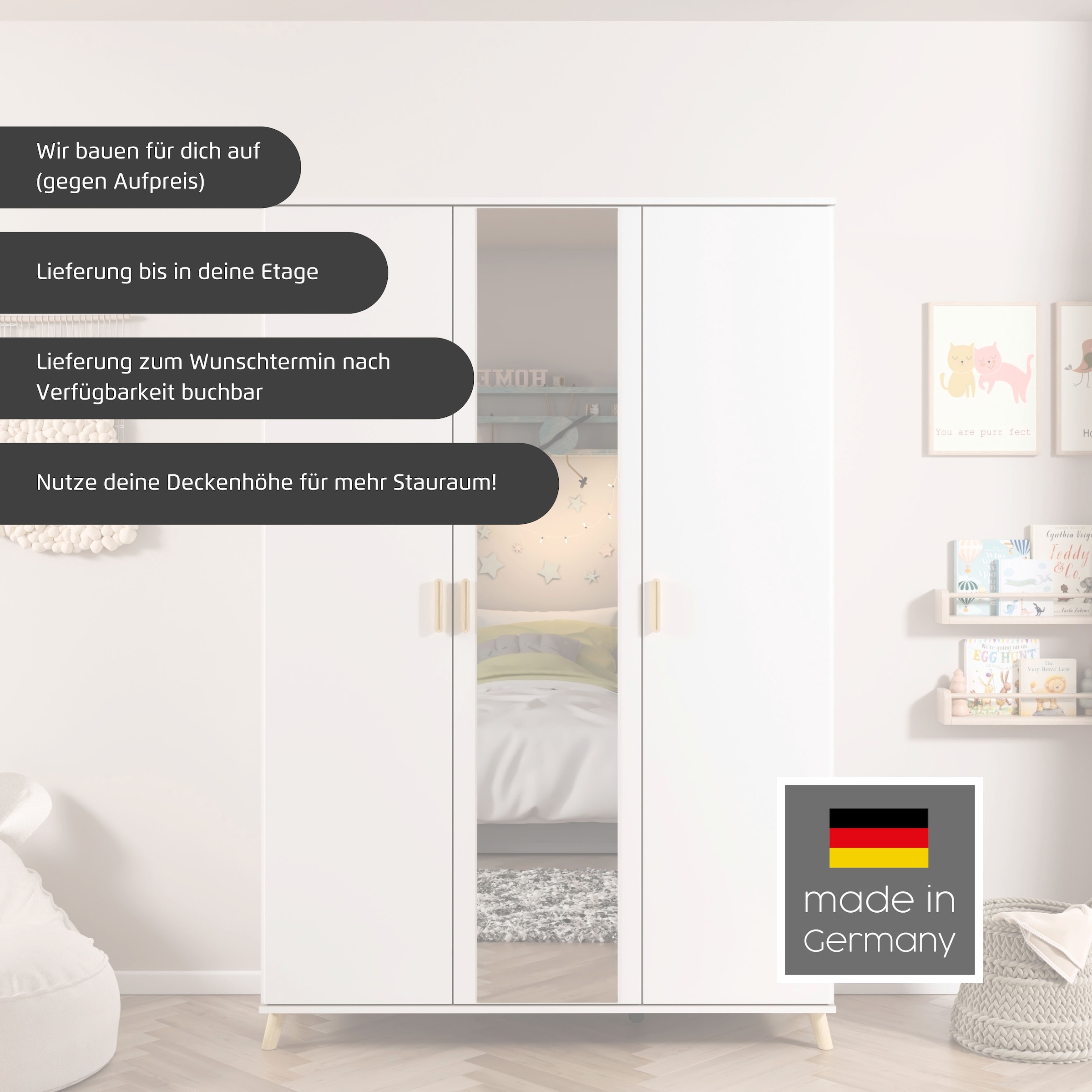 rauch Kleiderschrank »Skandi Kinderzimmer Bestseller Schlafzimmerschrank FALUN« Breite 92/137/182, Höhe 203 cm,  im modernen Skandi-Look, Füße/Griffe Eiche massiv MADE IN GERMANY