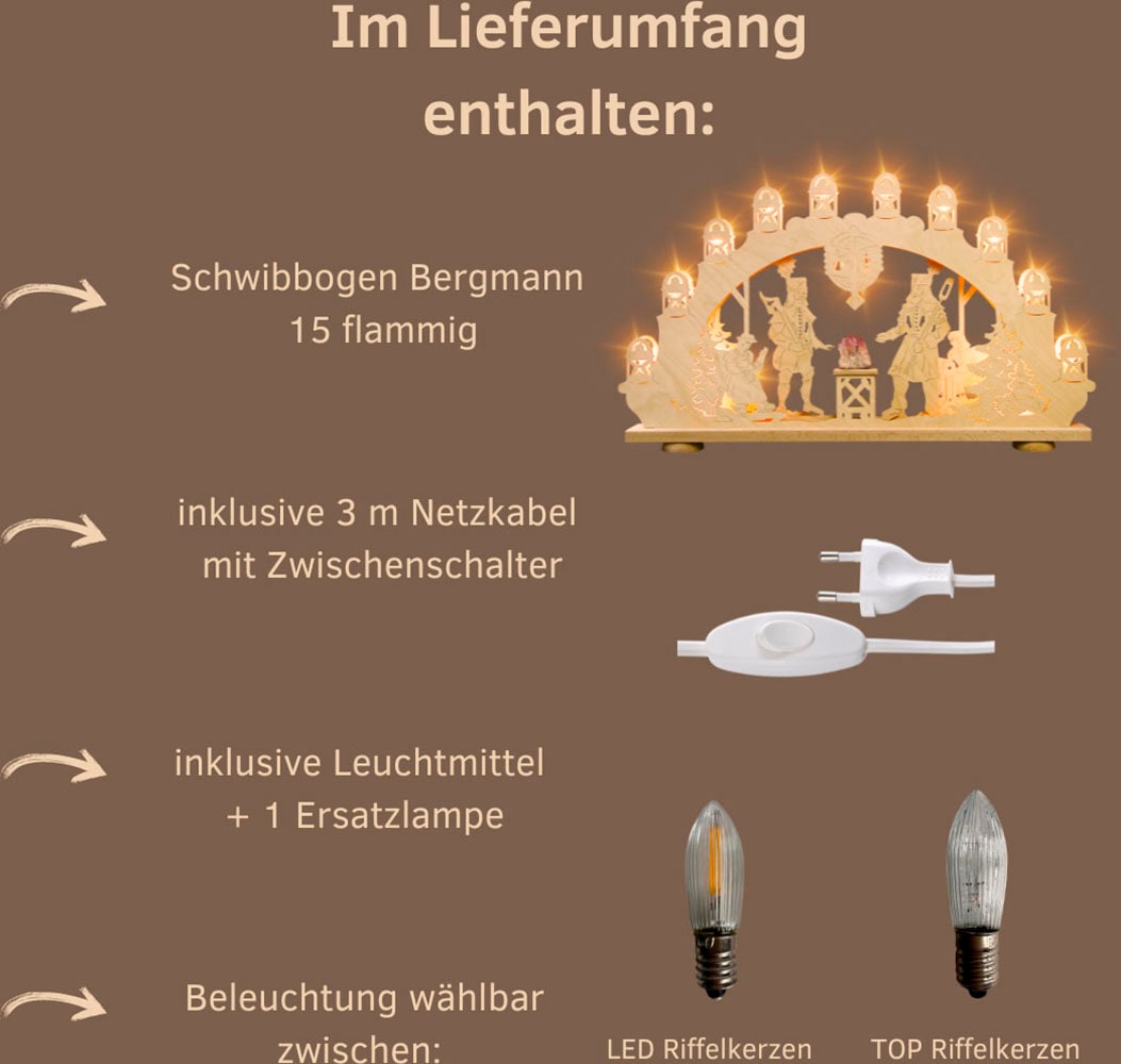 Weigla LED Schwibbogen »Bergmann mit Amethyst, Lichterbogen aus Holz, NATUR, Made in Germany« 1 Stk. Erzgebirge garantiert, Weihnachtsdeko Innen, Weihnachtsbeleuchtung