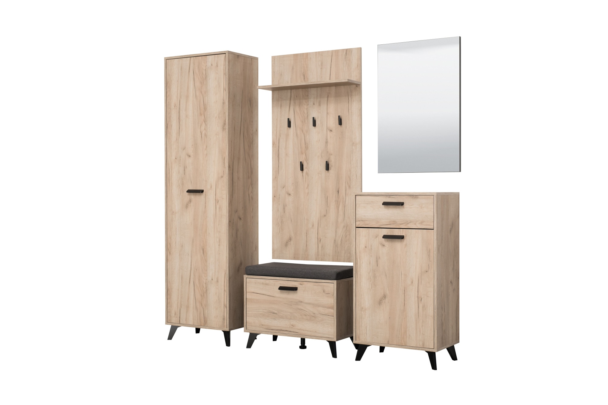 INOSIGN Garderoben-Set »Umbria, Flurmöbel, Dielenmöbel, Breite 175 cm, in Grau Eiche«, (Komplett-Set, 5 St., 5-st), (Set, 5-St) inkl. 2 Schränke, Sitzbank, Garderobenpaneel und Spiegel