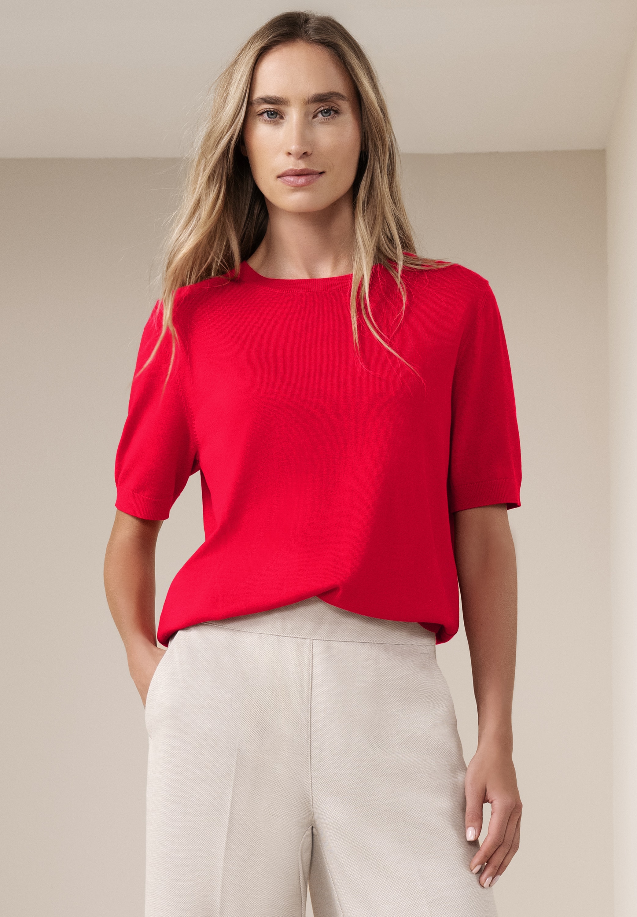 STREET ONE Kurzarmpullover in Strick-Optik und mit Rundhals