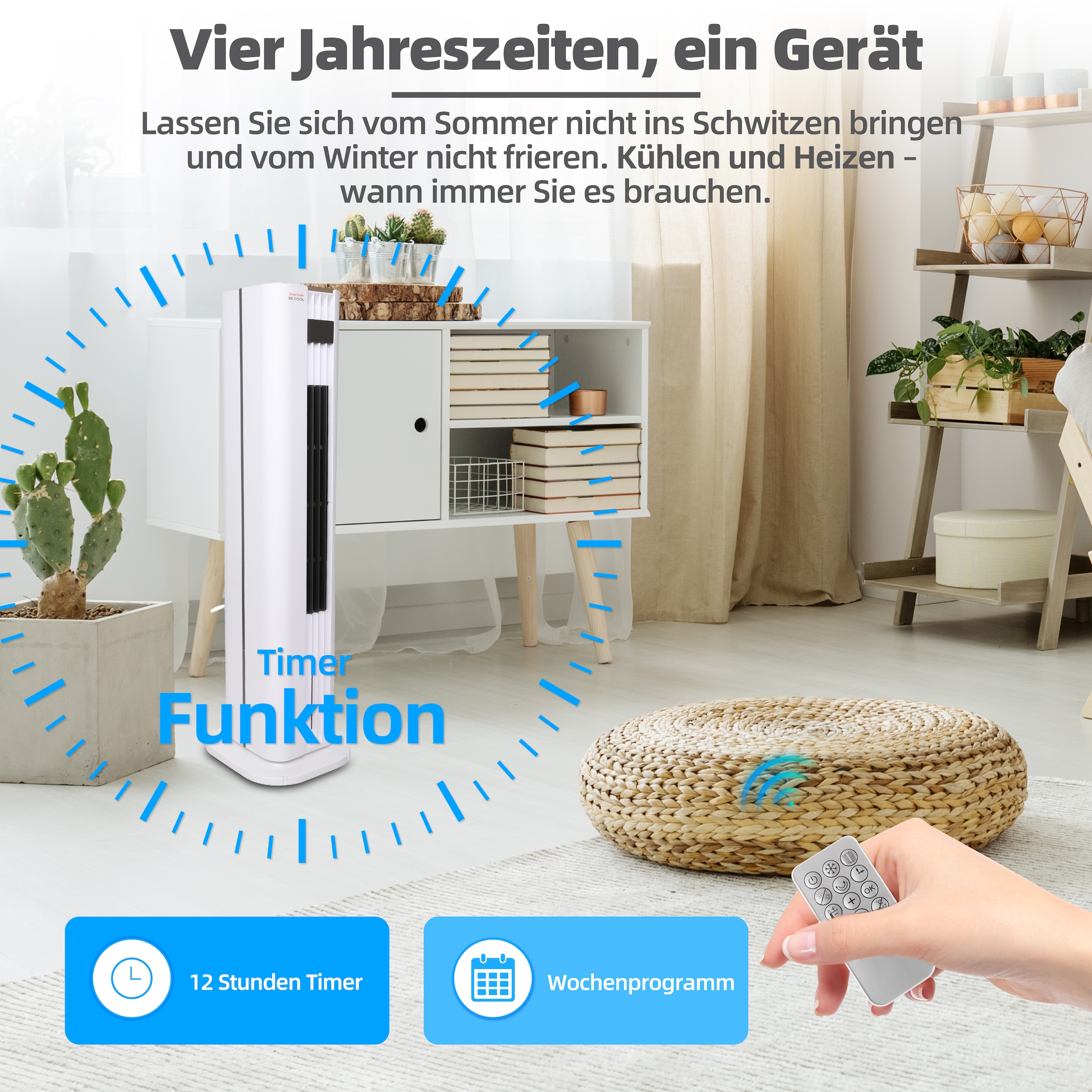 be cool Ventilatorkombigerät »Turmluftkühler mit Heizfunktion und 4,5l Wassertank BCTACHC4 weiß«, automatische Oszillation, Touch-Bedienfeld, Heizfunktion