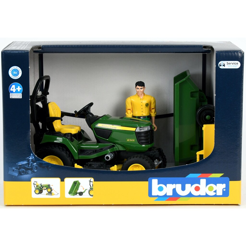 Bruder® Spielzeug-Traktor »bworld John Deere Aufsitzrasenmäher mit Anhänger und Gärtner (62104)«