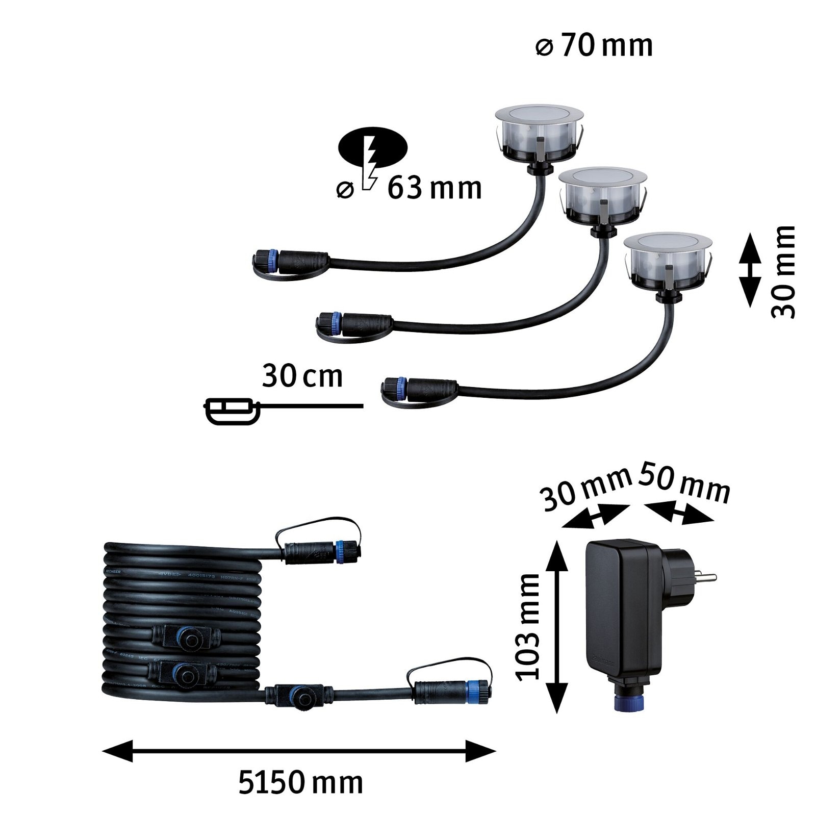 Paulmann LED Einbauleuchte »Plug & Shine Floor Basisset IP67 2200K 3x2W 21VA Silber«, 3 flammig, Bodeneinbauleuchte, Insektenfreundlich