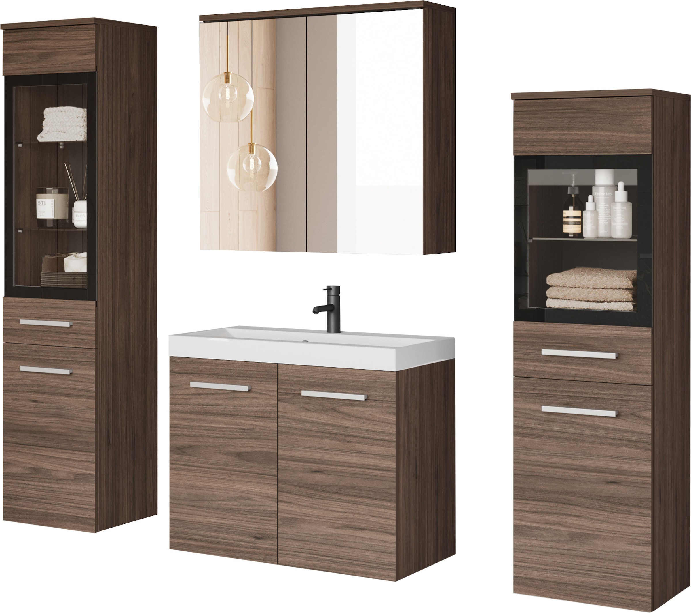 welltime Badmöbel-Set »MADRIT II, Schrank mit Waschbecken, 2 Hänger, Spiegelschrank« Komplett-Set, 5 Stk. tlg.