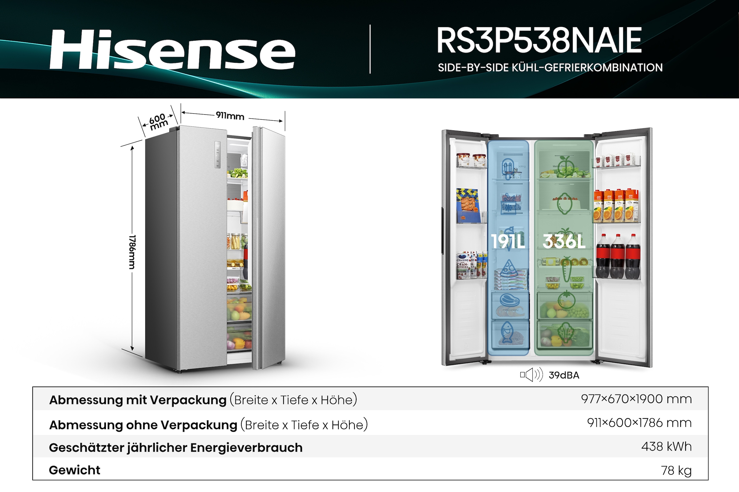 Hisense Side-by-Side »RS3P538NAIE« 178,6 cm hoch 91,1 cm breit einfacher Side by Side mit Premium-Ausstattung