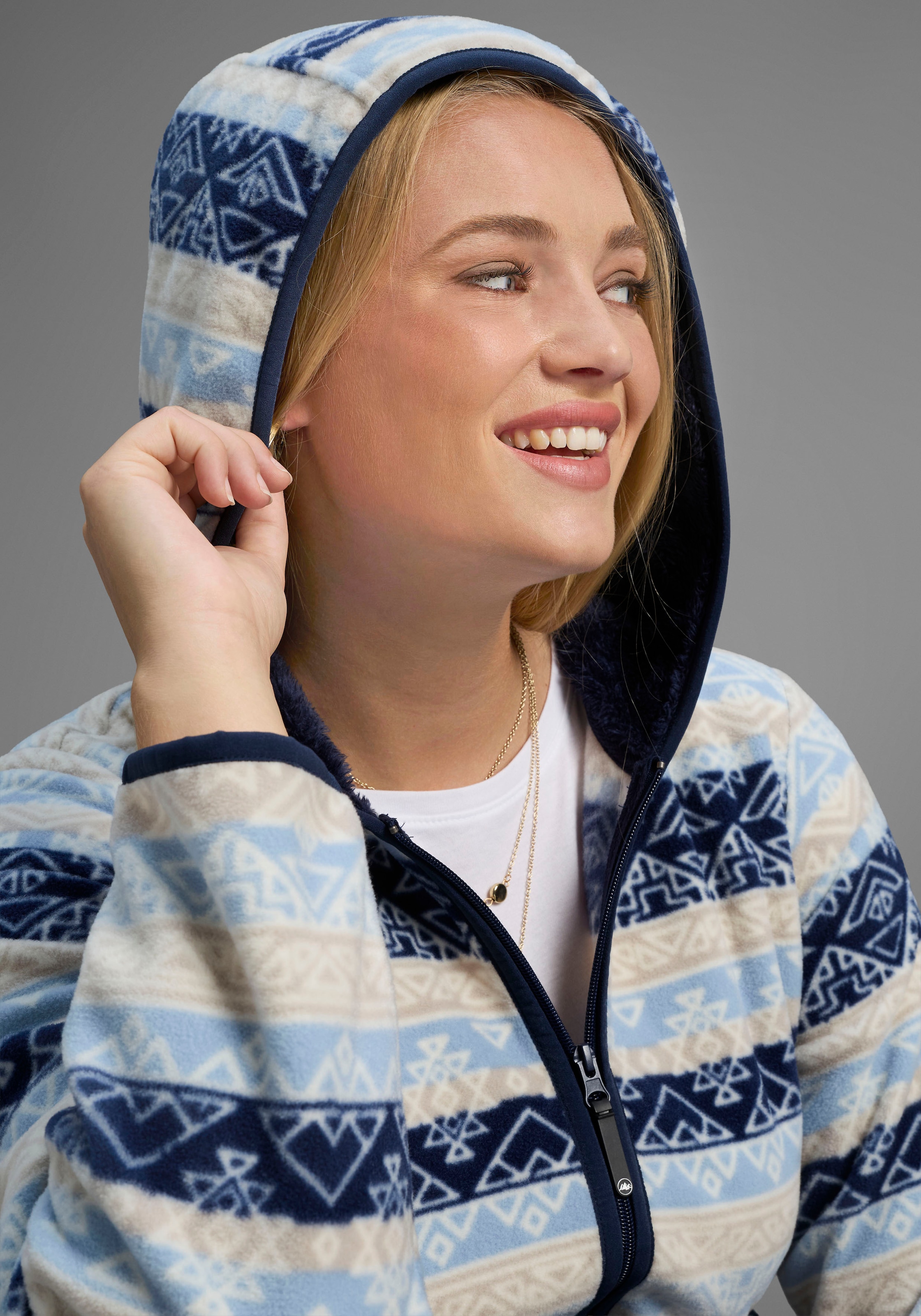 Polarino Fleecejacke, mit Kapuze, Fleecejacke mit Print und Fellimitat in Kapuze