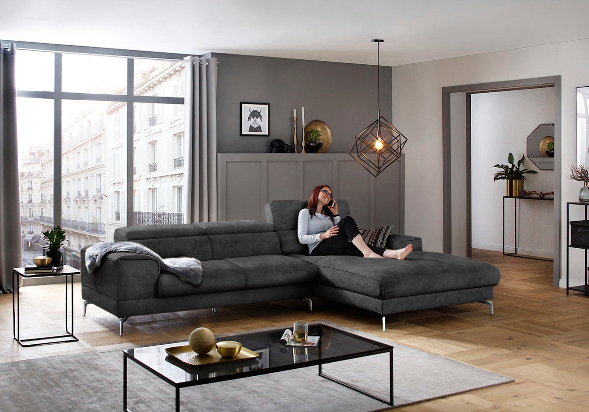 W.SCHILLIG Ecksofa »piedroo, Designsofa mit tollem Sitzkomfort, bequem und elegant, L-Form«, Kopfteilverstellung, wahlweise mit Sitztiefenverstellung, Breite 303cm