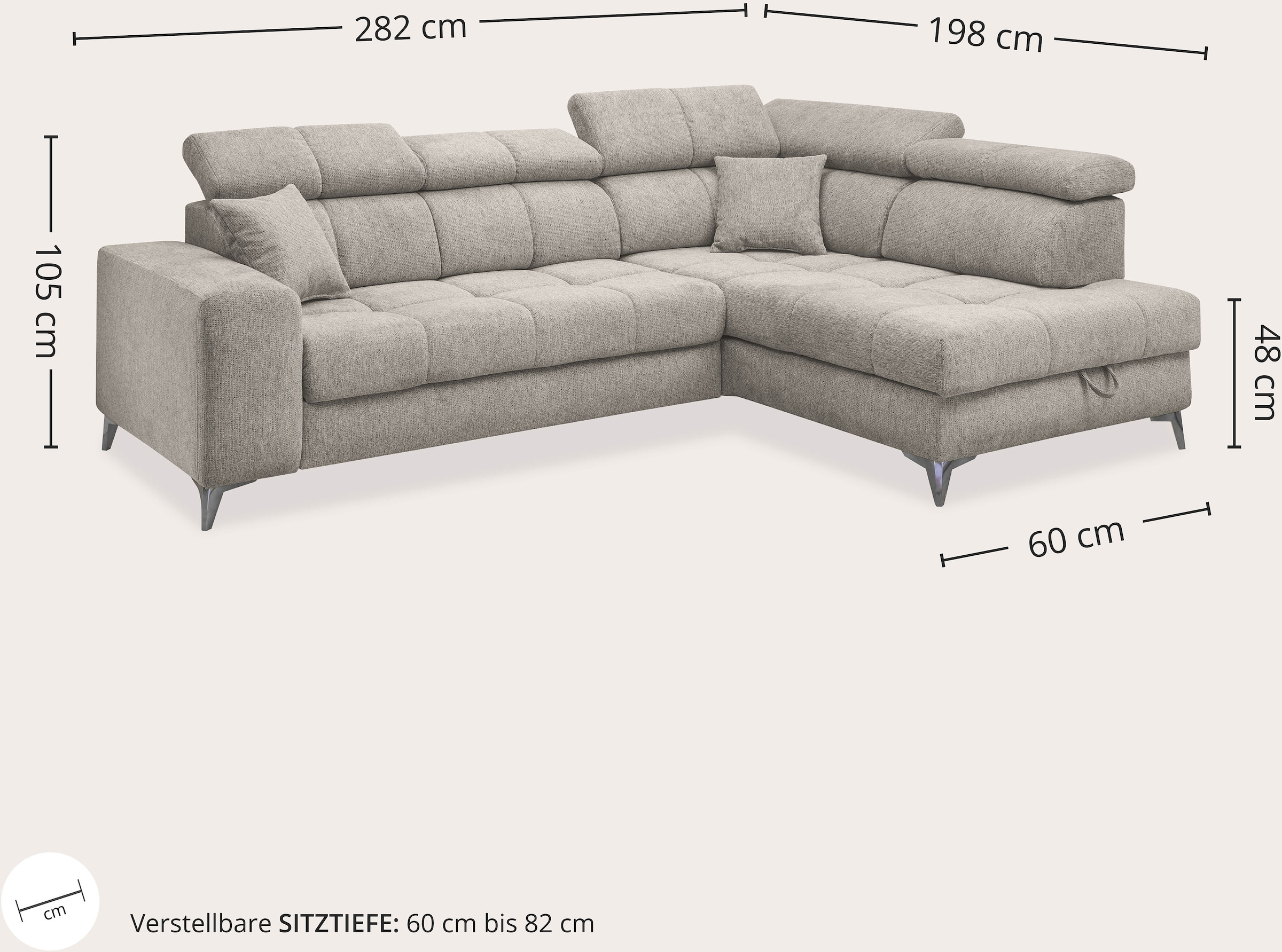 ED EXCITING DESIGN Ecksofa »Sydney L-Form« motorischer Sitztiefenverstellung, USB-Port & 2 Zierkissen