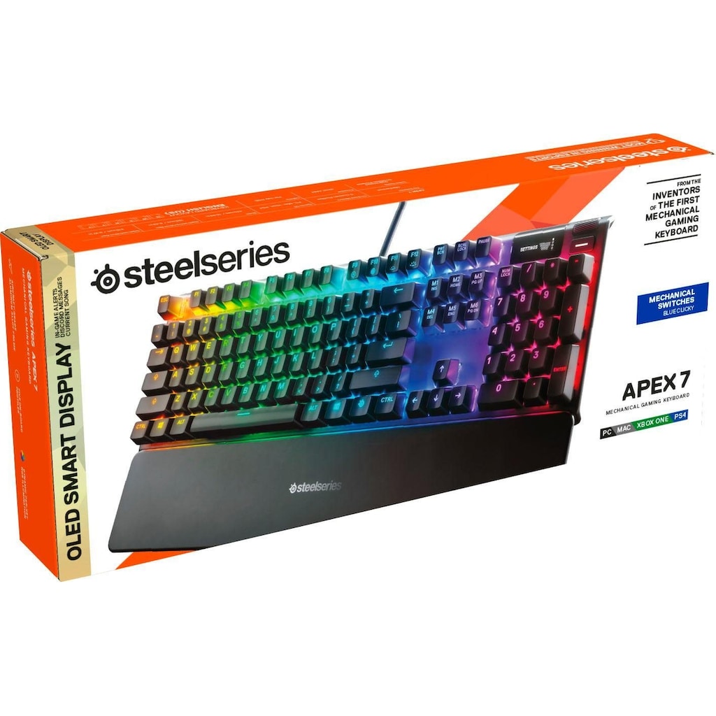 SteelSeries Gaming-Tastatur »Apex 7 Blue Switch«, (Smart-Display-Handgelenkauflage-Profil-Speicher-Multimedia-Tasten-USB-Durchschleife)