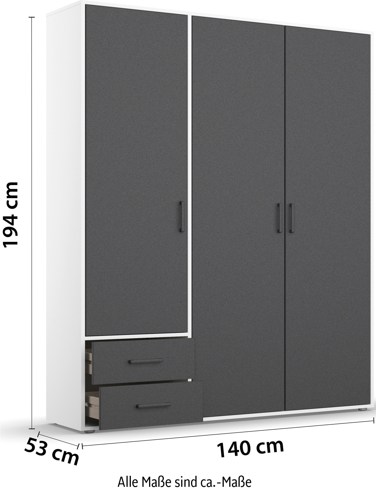 rauch Drehtürenschrank »Kleiderschrank Schrank Garderobe Wäscheschrank VOYAGER«, (in 3 verschiedenen Ausstattungen BASIC/CLASSIC/PREMIUM), moderne Griffe in Graumetallic mit Außenschubkästen MADE IN GERMANY