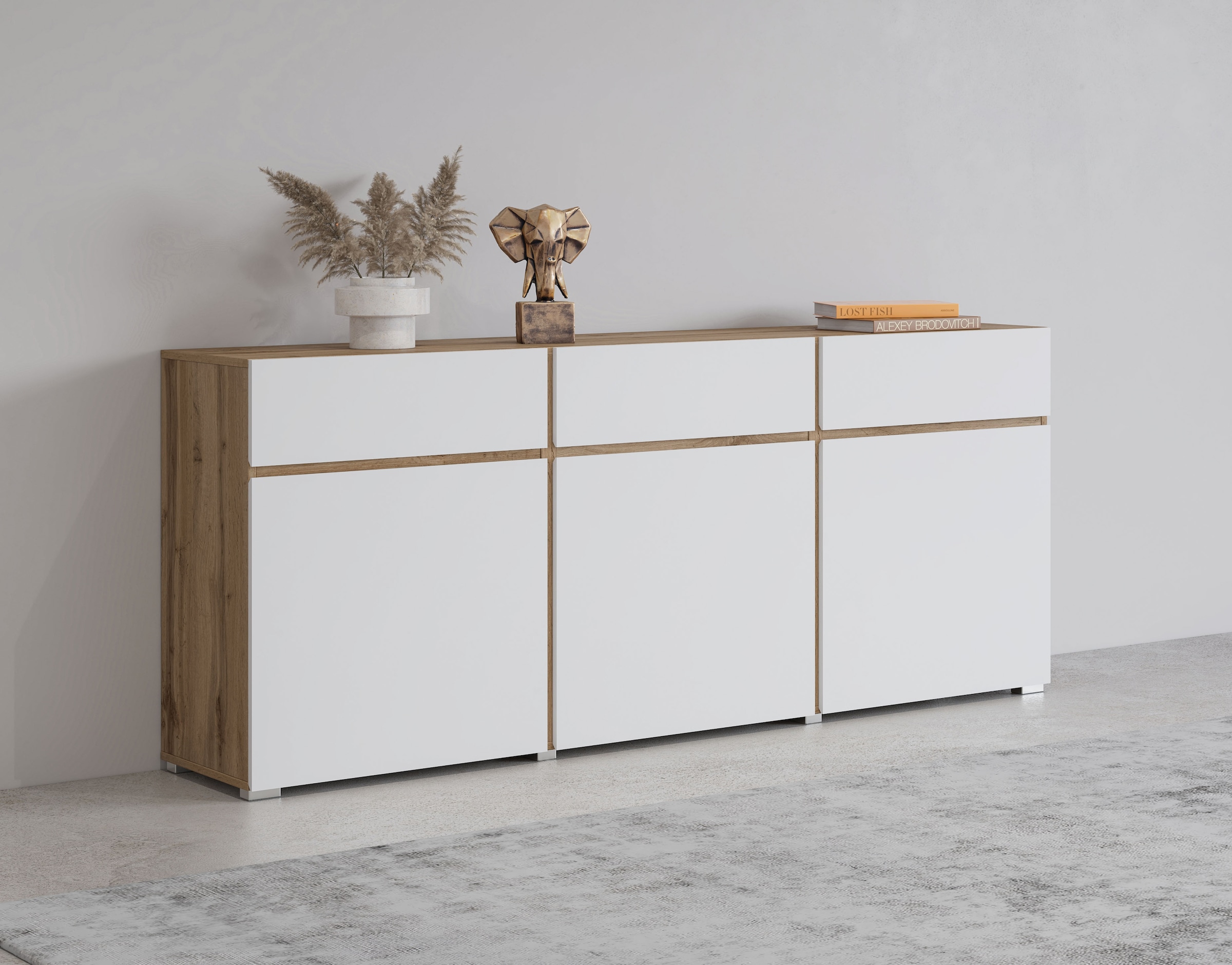 INOSIGN Kommode »Cross,Breite 180 cm, moderne grifflose Kommode,3 Türen/3 Schubkästen«, Schubladenschrank mit viel Stauraum, Einlegeböden verstellbar