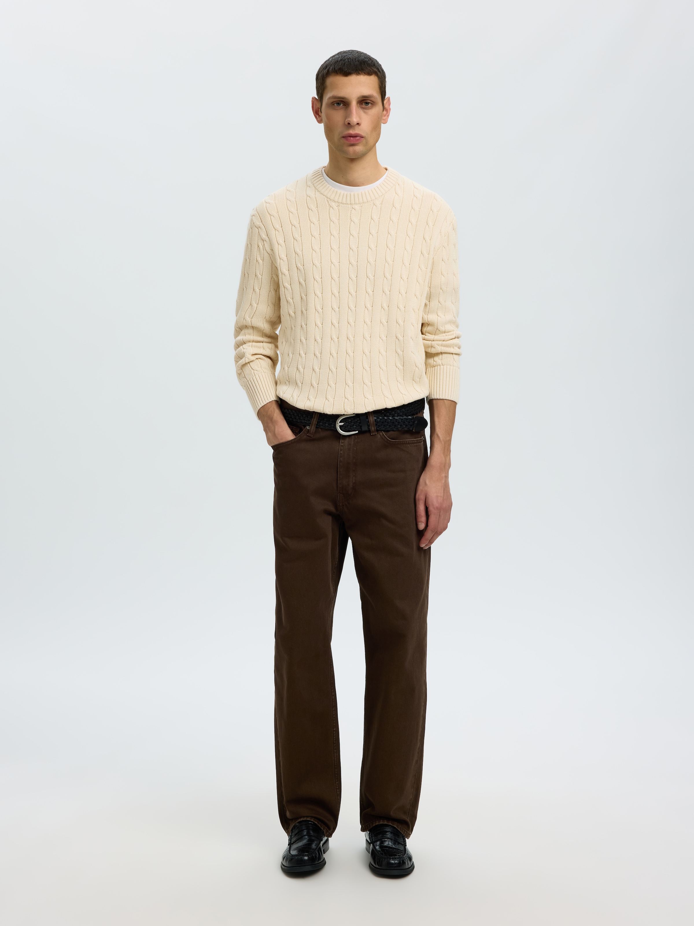 SELECTED Rundhalspullover »SLMBRAUN KNIT CABLE CREW NOOS« Baumwolle, relaxed fit