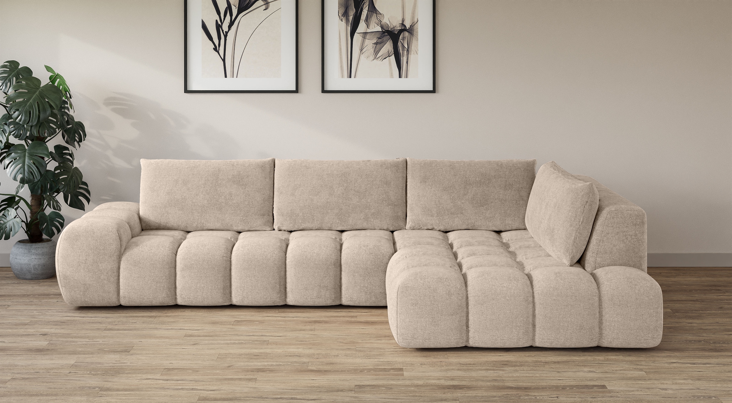 OTTO home Ecksofa "AZITA L-Form, XXL 352 cm Designsofa in Bubble-Opitk" lose Rückenkissen, traumhafte Steppung