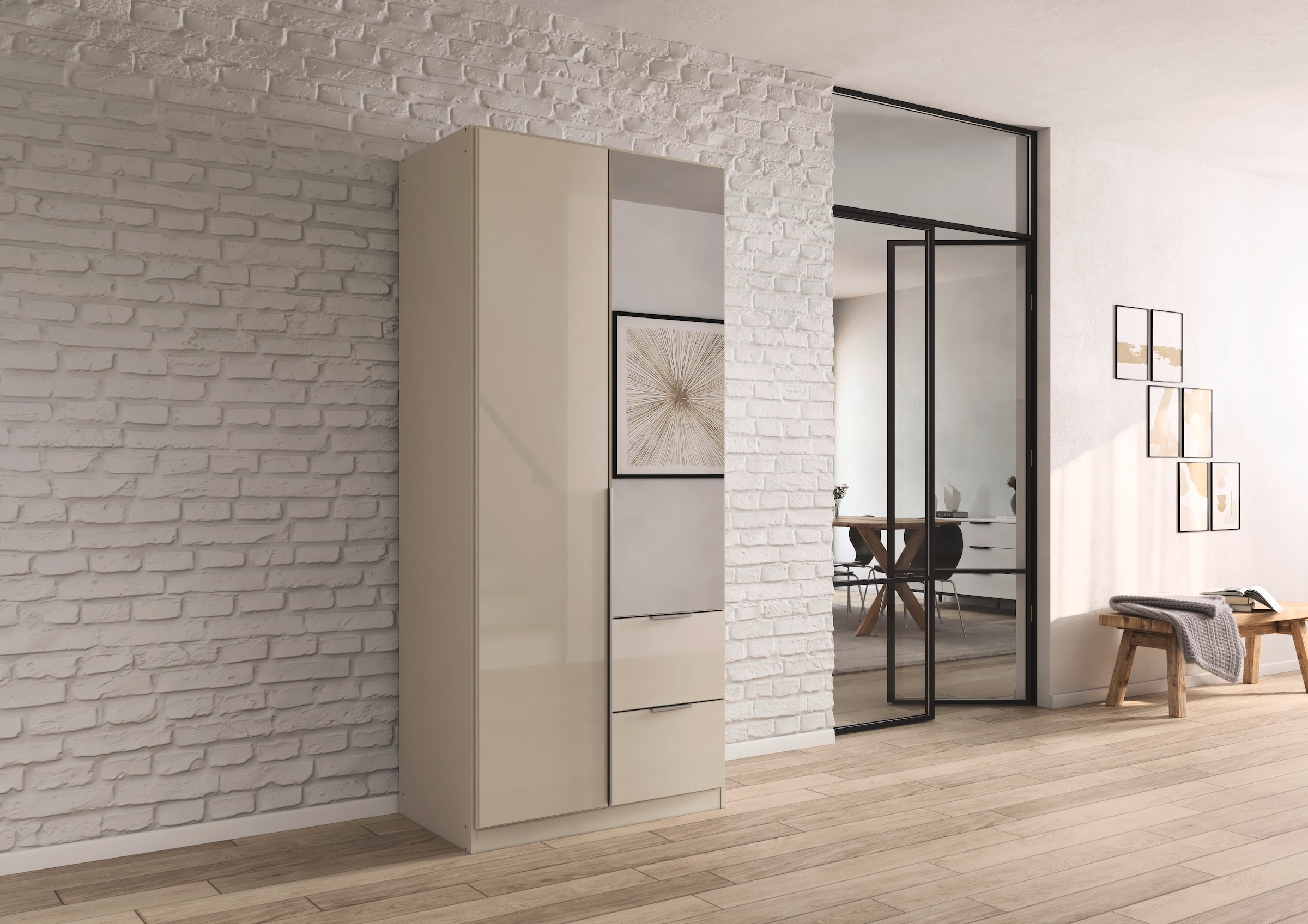 OTTO home Drehtürenschrank »Kleiderschrank Kleiderschränke Schrank Garderobe AGORDO mit Glasfront« in zwei Griff-Farben, Breiten 91-360 cm,  mit Außenschubkästen, in 7 Breiten und 2 Höhen MADE IN GERMANY