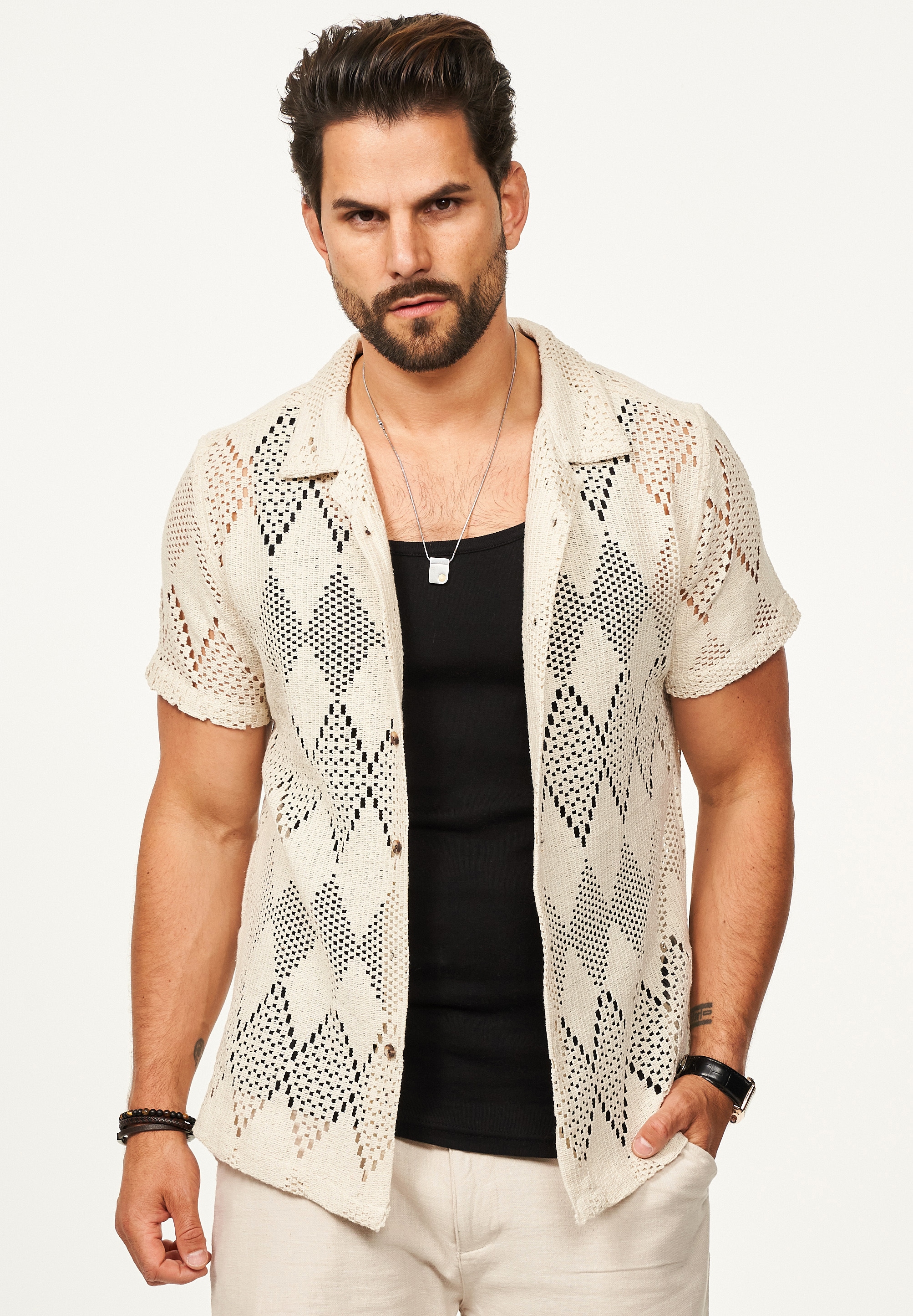 SOULSTAR Kurzarmhemd »Freizeithemd als Kurzam Strick Hemd im Retro-Look - Strick Polo-Hemd Overshirt im Regular-Fit für Herren« Herren Strick Polo-Hemd T-Shirt im Regular-Fit Festival Hemd