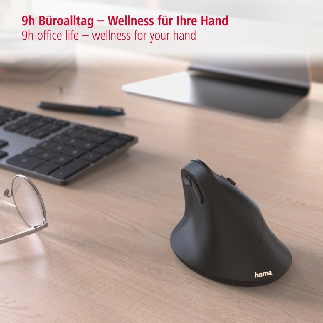 Hama ergonomische Maus »Ergonomische vertikale Funkmaus für PC Laptop, ohne Kabel, Schwarz«, USB-Funk, Vorbeugung Tennisarm/Mausarm