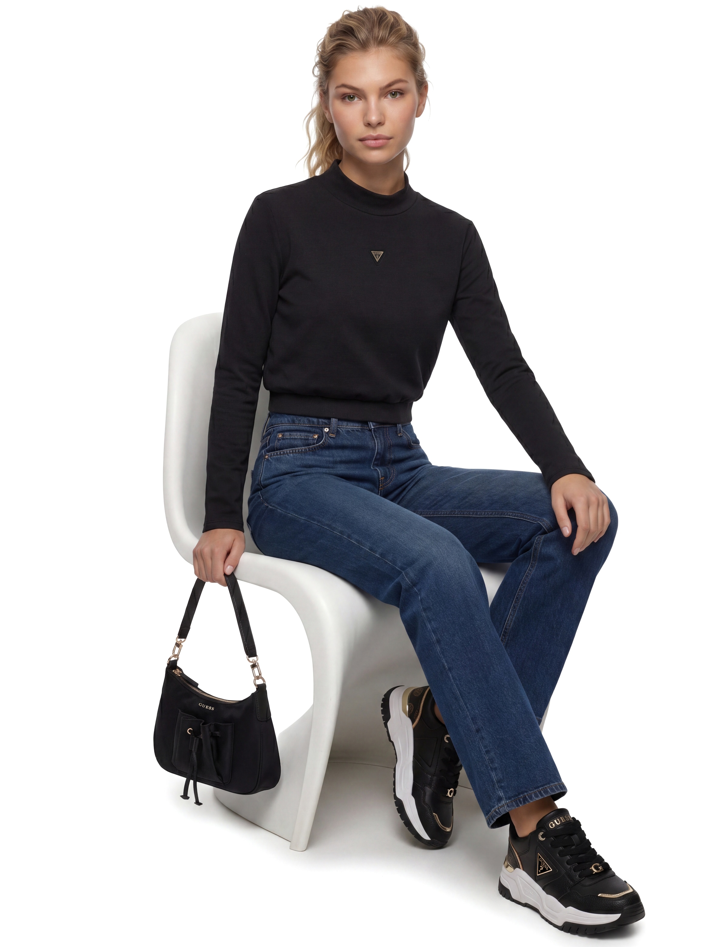 Guess Sweatshirt »OLYMPE HIGH NECK SWEATSHIRT«, in Scuba-Qualität, Stehkragen
