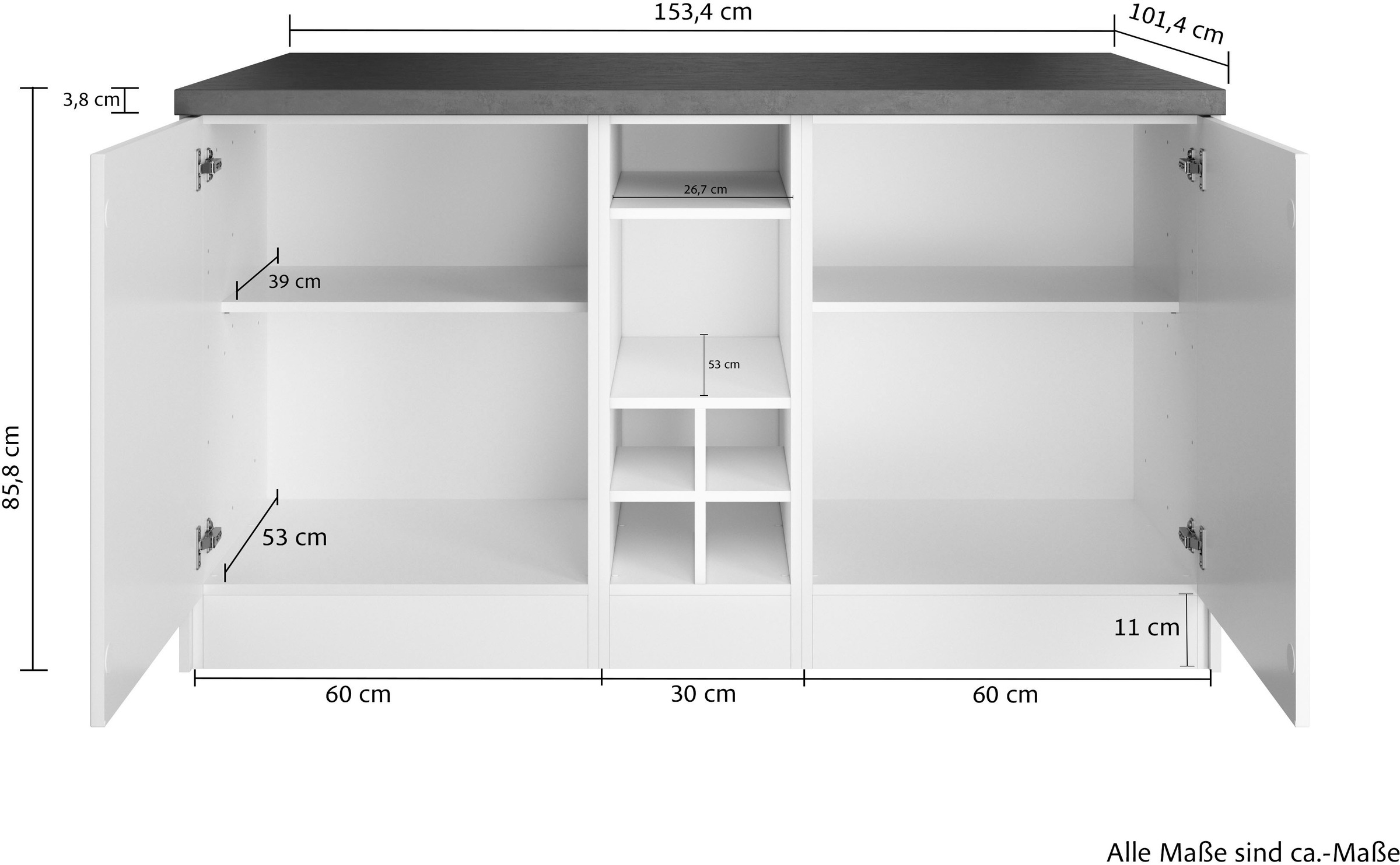 KOCHSTATION Kücheninsel »KS-Lani, Breite 153 cm, mit Flaschenregal« MDF-Fronten, Arbeitsplatte 38mm stark