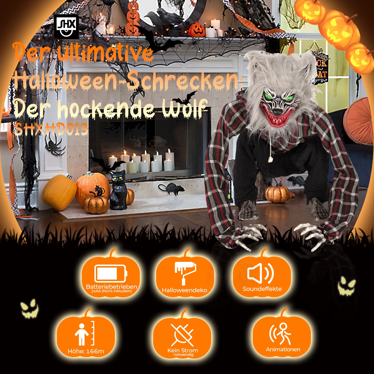 SHX Tierfigur »Hockender Wolf«, Kopf und Arme animiert, Soundeffekt